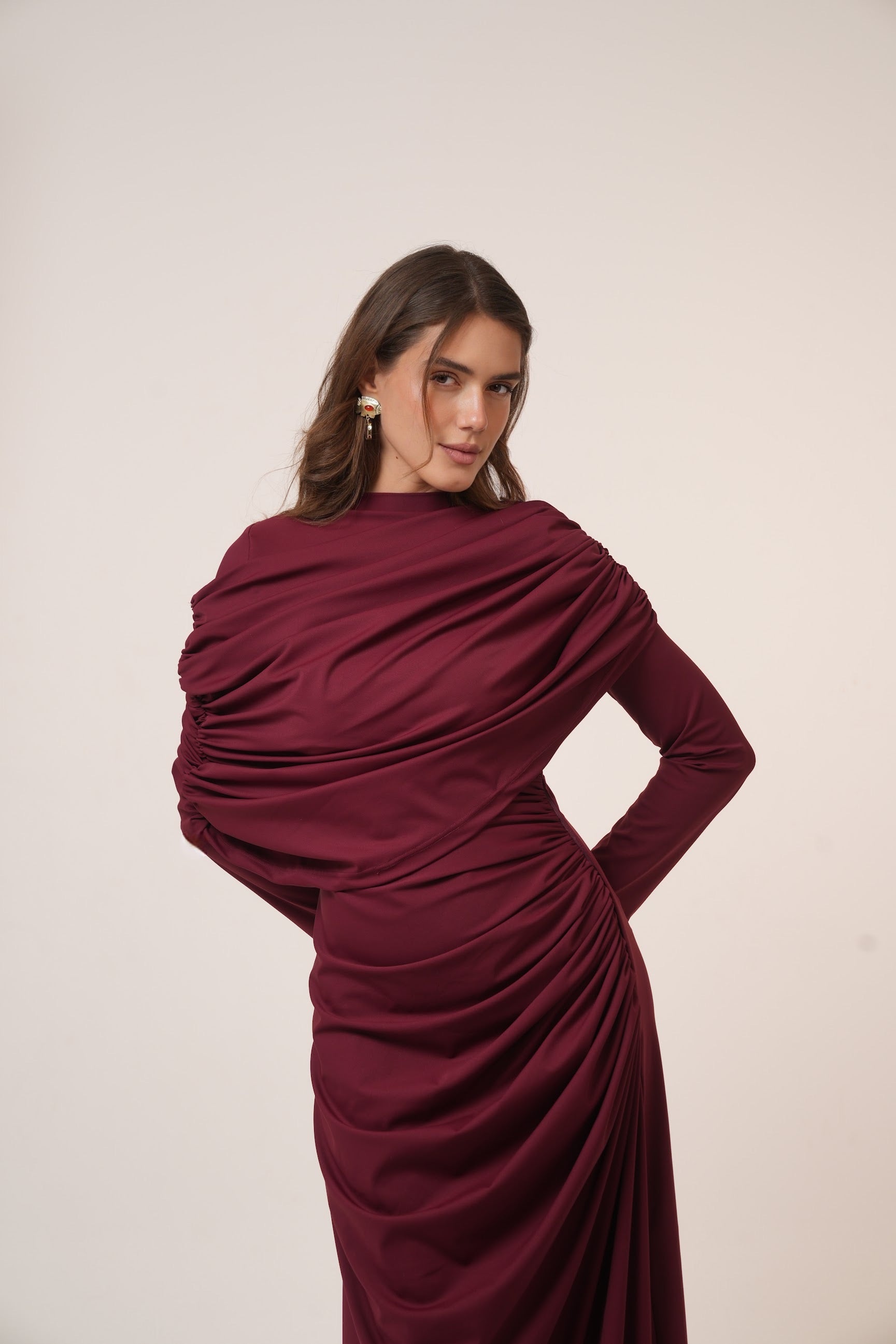 One-Side Draped Maxi Dress with Chest Cover in Burgundy
