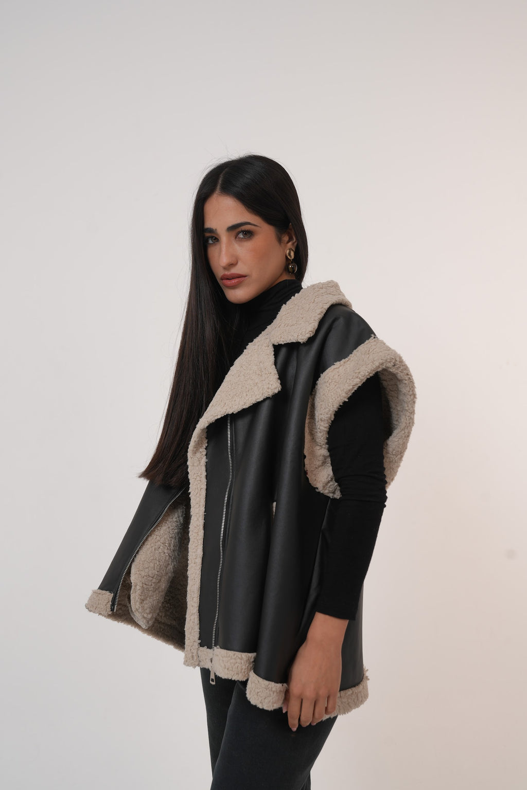 Fur-Lined Leather Vest in Black