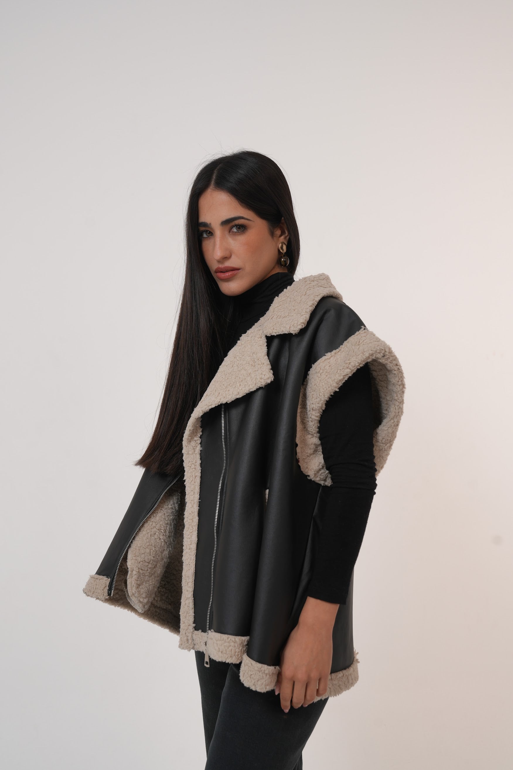 Fur-Lined Leather Vest in Black
