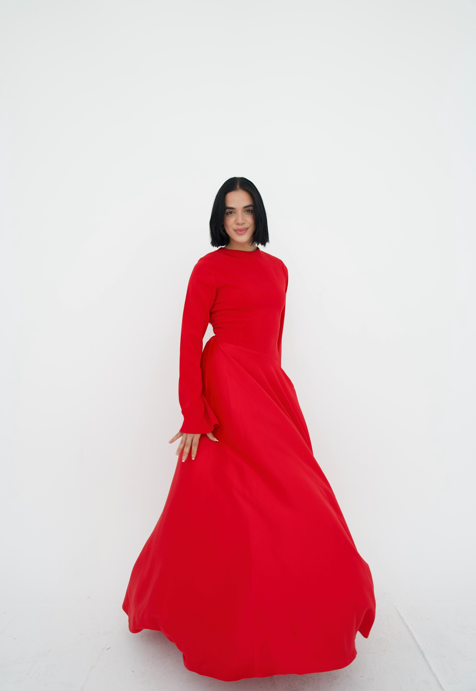 Satin half and half A-Line Dress in Red