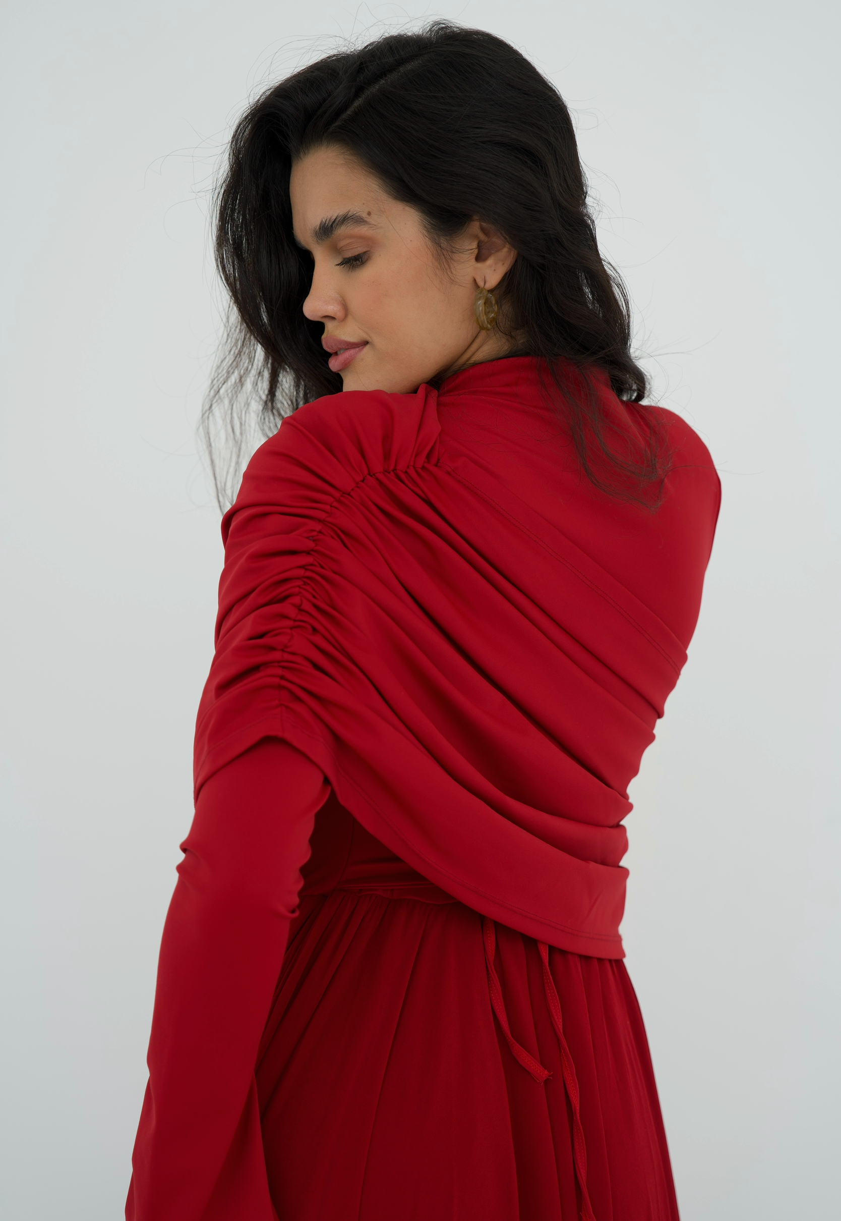 Amwaj gown with shoulder drappes in Dark red with chest cover