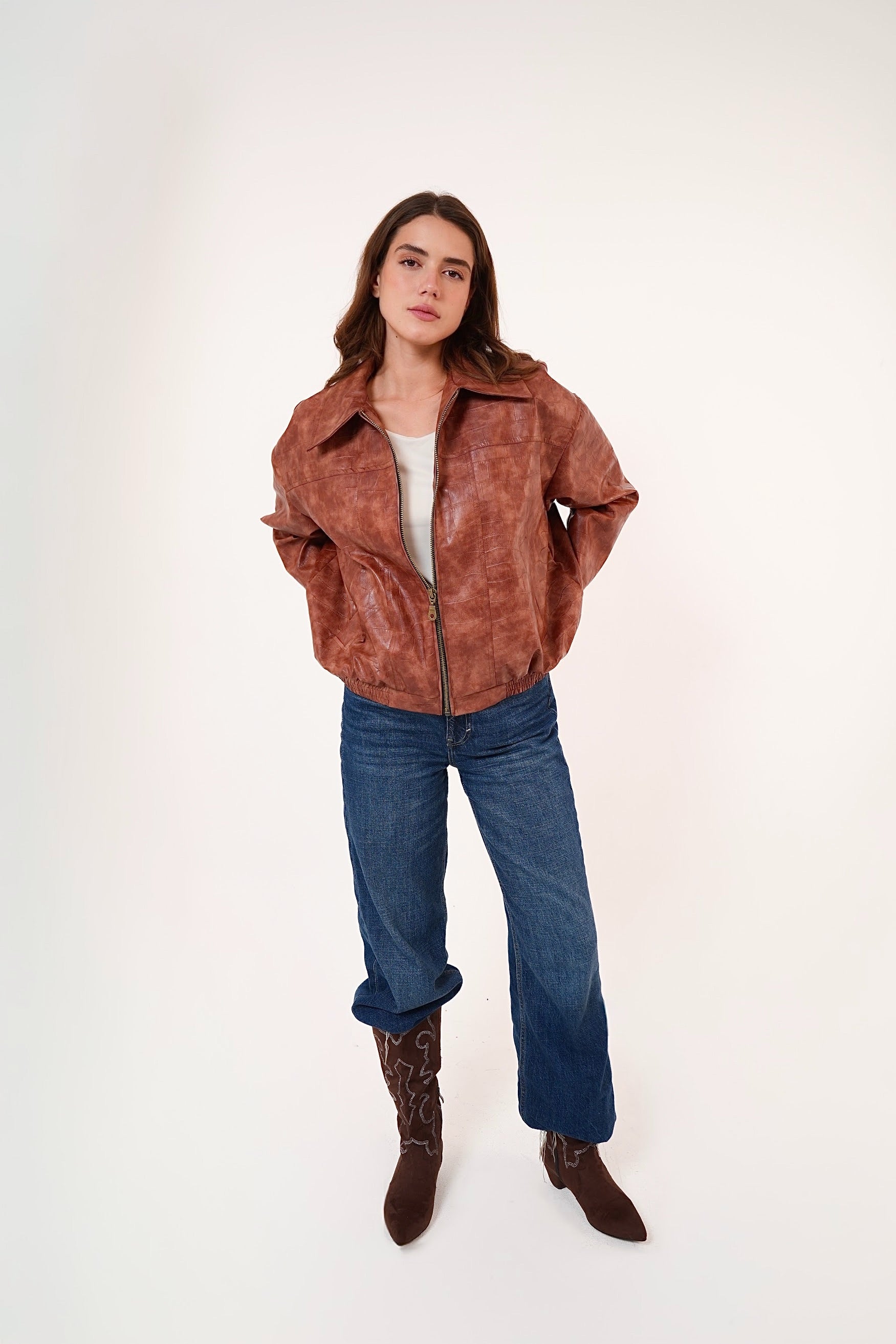 Vintage Croc-Texture Faux Leather Bomber Jacket
