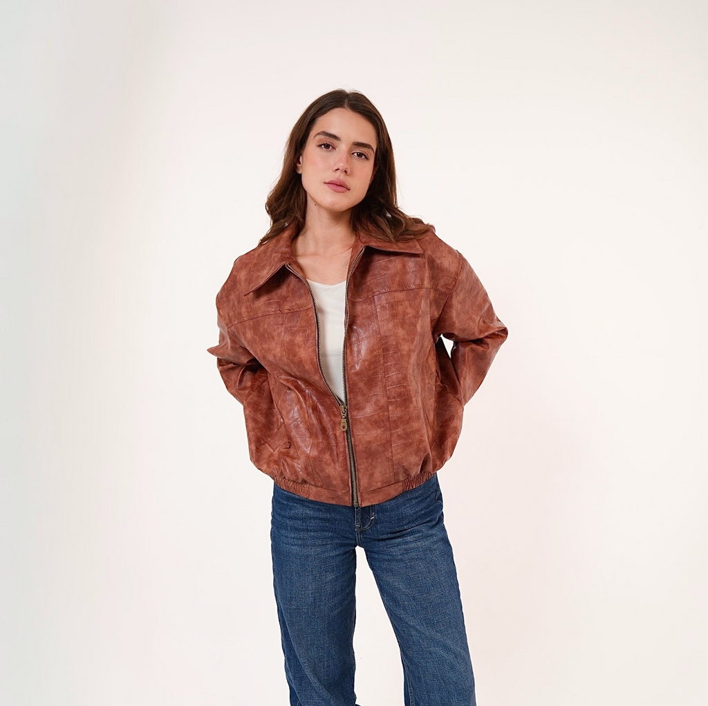 Vintage Croc-Texture Faux Leather Bomber Jacket