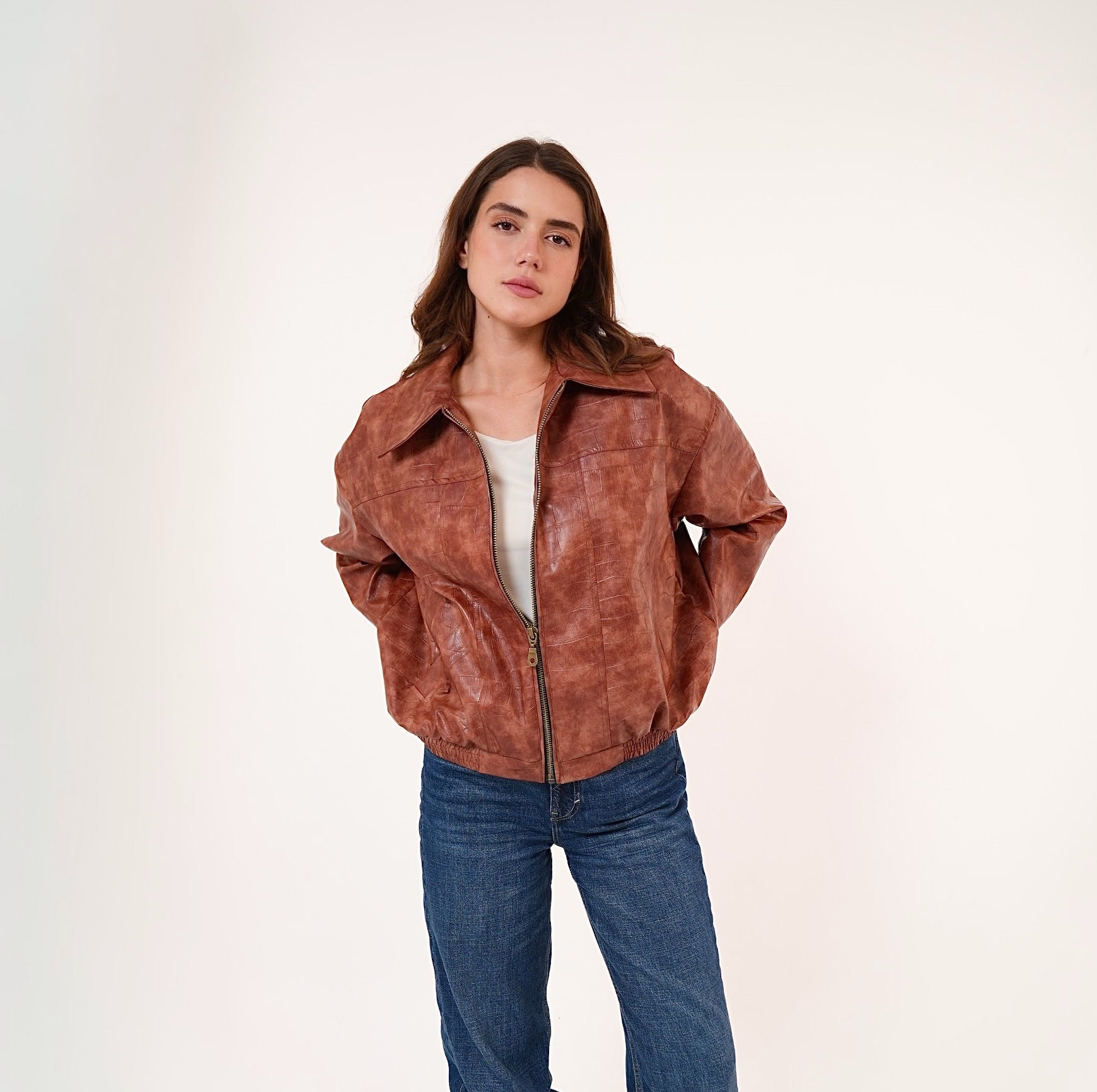 Vintage Croc-Texture Faux Leather Bomber Jacket