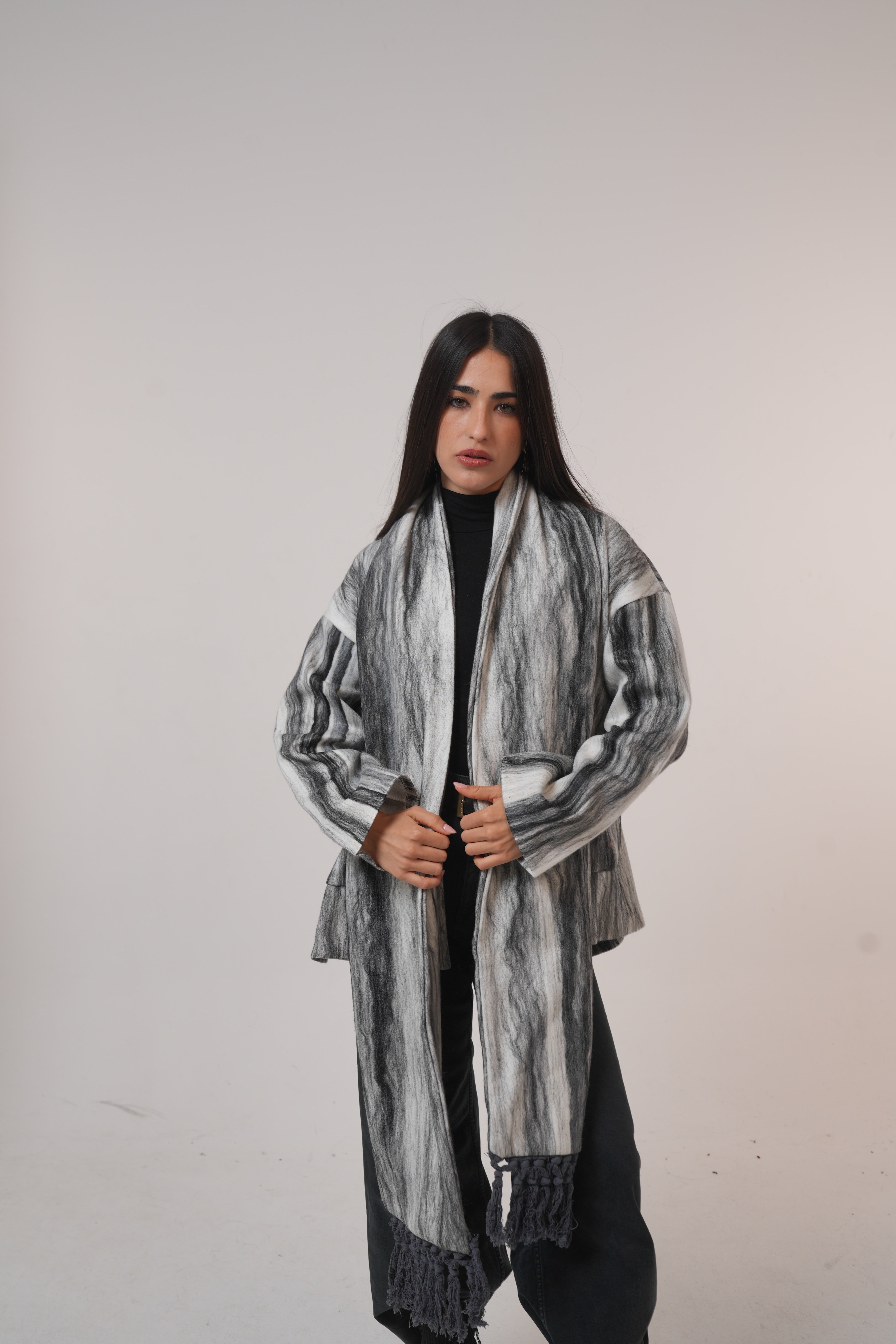 Pure wool jacket with Shawl Black and White