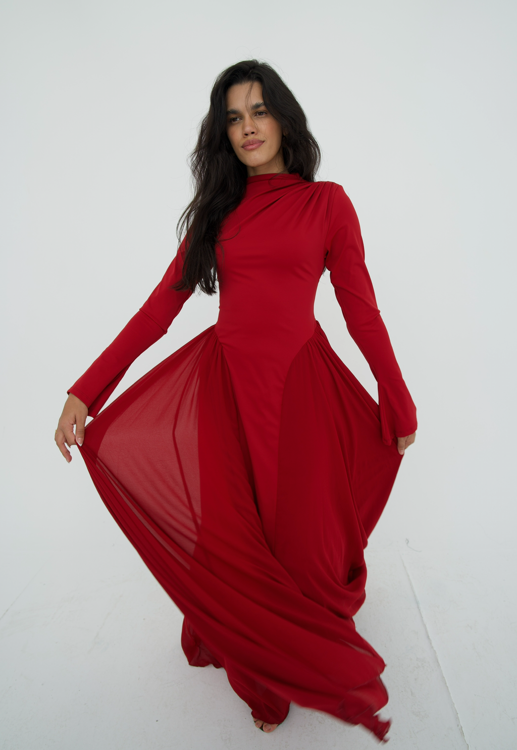Amwaj gown with shoulder drappes in Dark red with chest cover