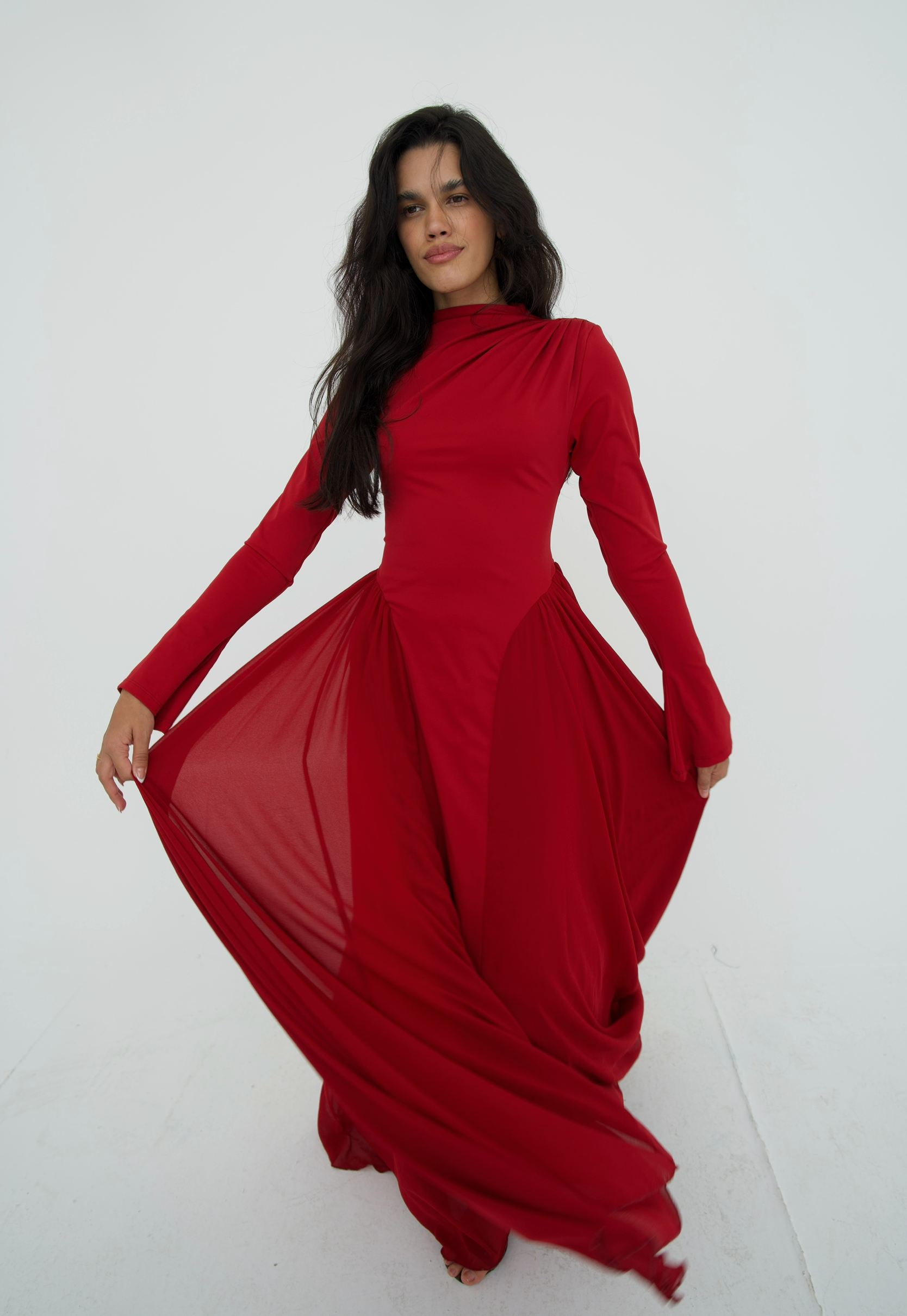 Amwaj gown with shoulder drappes in Dark red with chest cover