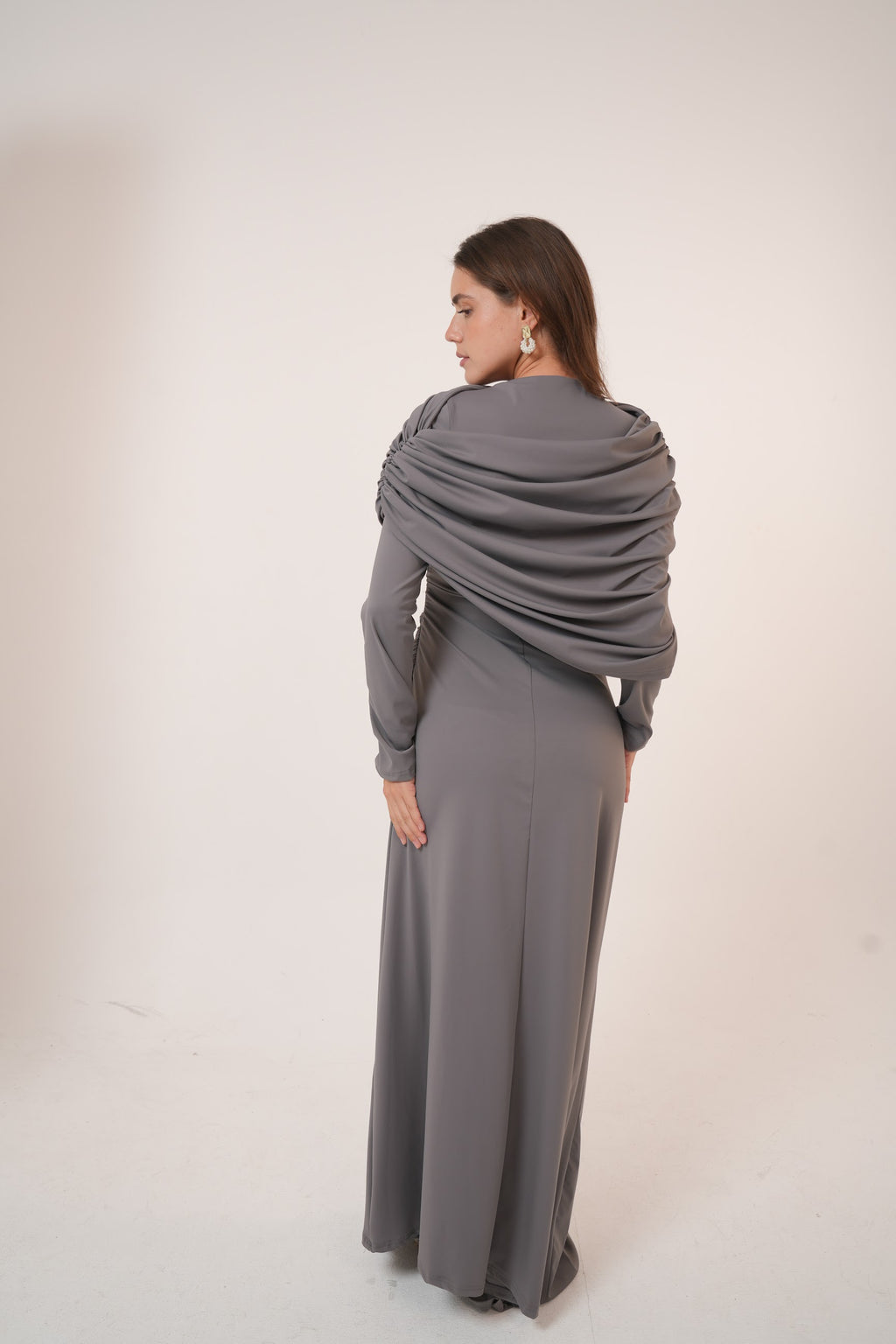 One-Side Draped Maxi Dress with Chest Cover in Grey