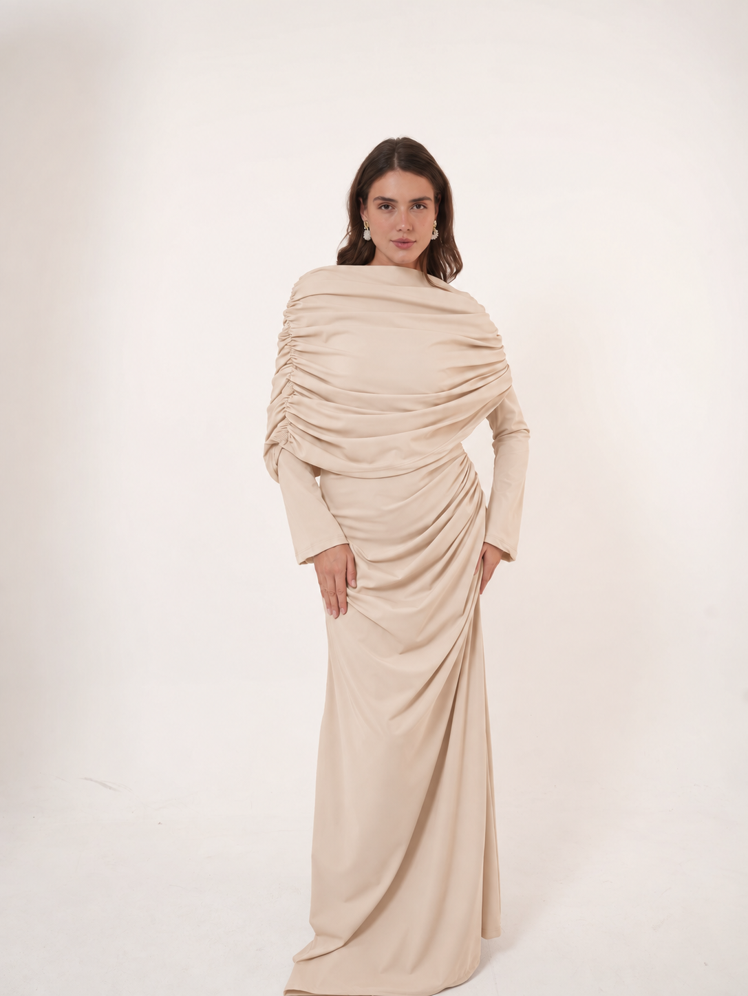 One-Side Draped Maxi Dress with Chest Cover in Light beige
