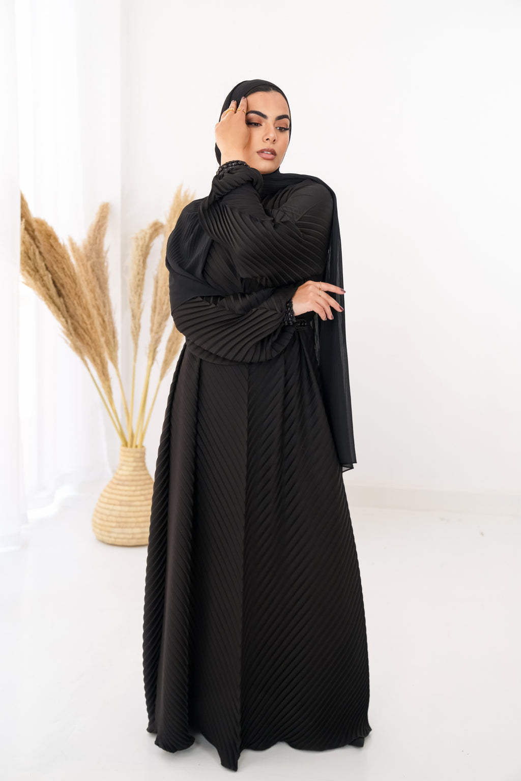 Black Plisse Abaya Embroidered with belt