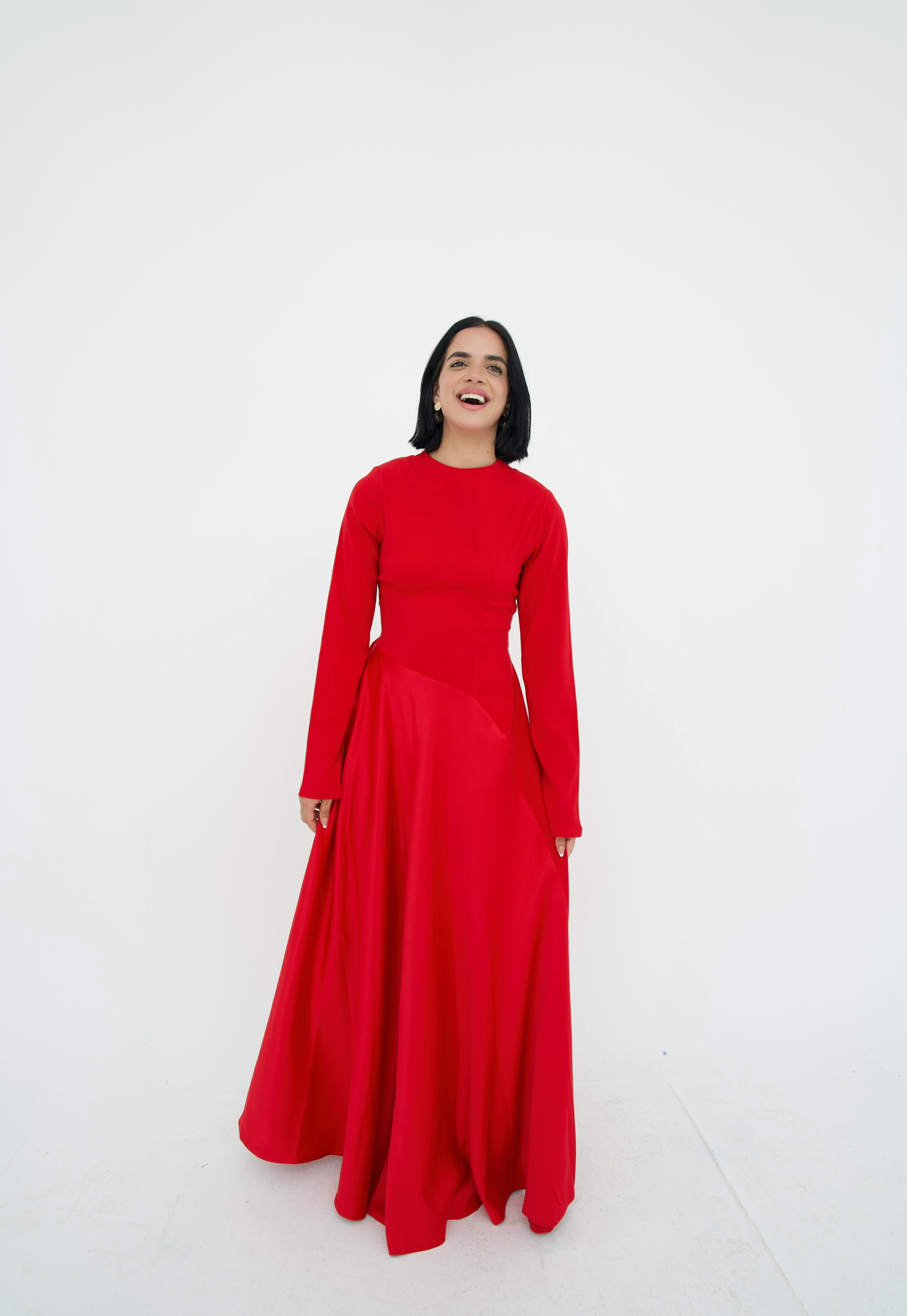 Satin half and half A-Line Dress in Red