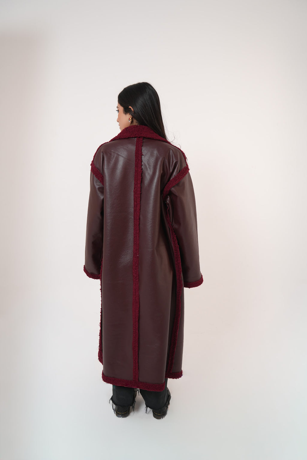 Premium Fur Leather - long coat in burgundy