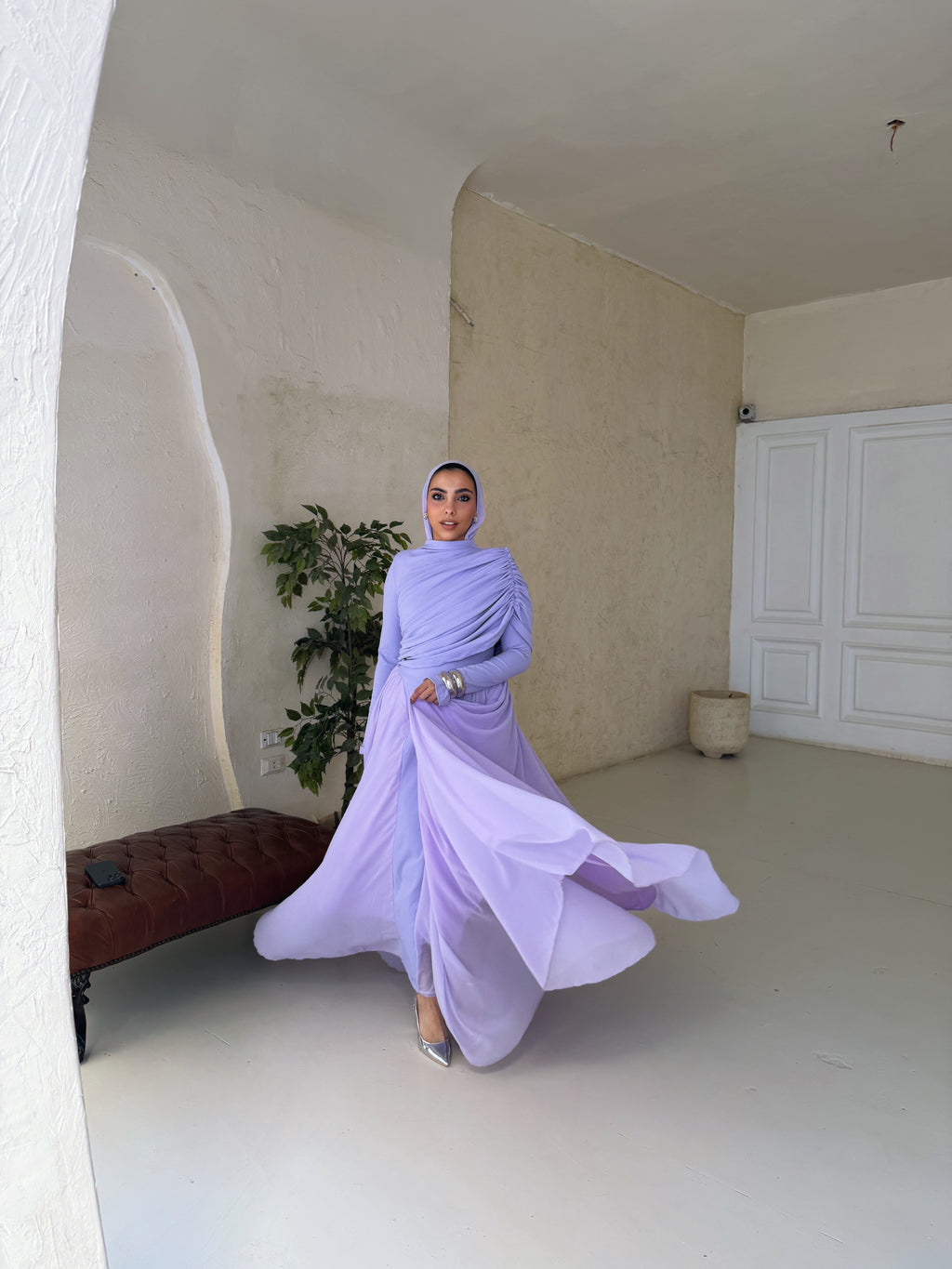 Amwaj gown with shoulder drappes in Lilac with chest cover
