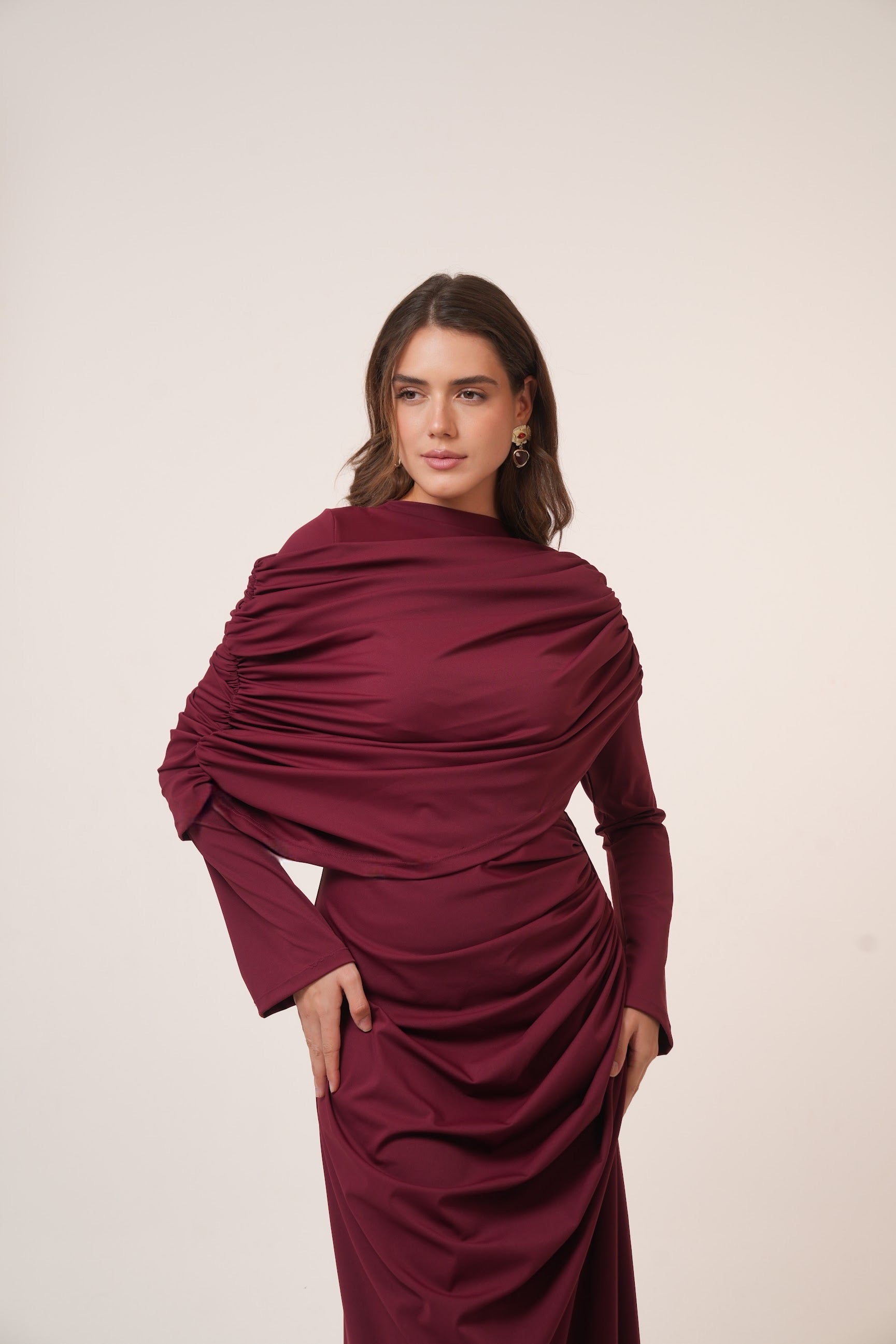 One-Side Draped Maxi Dress with Chest Cover in Burgundy