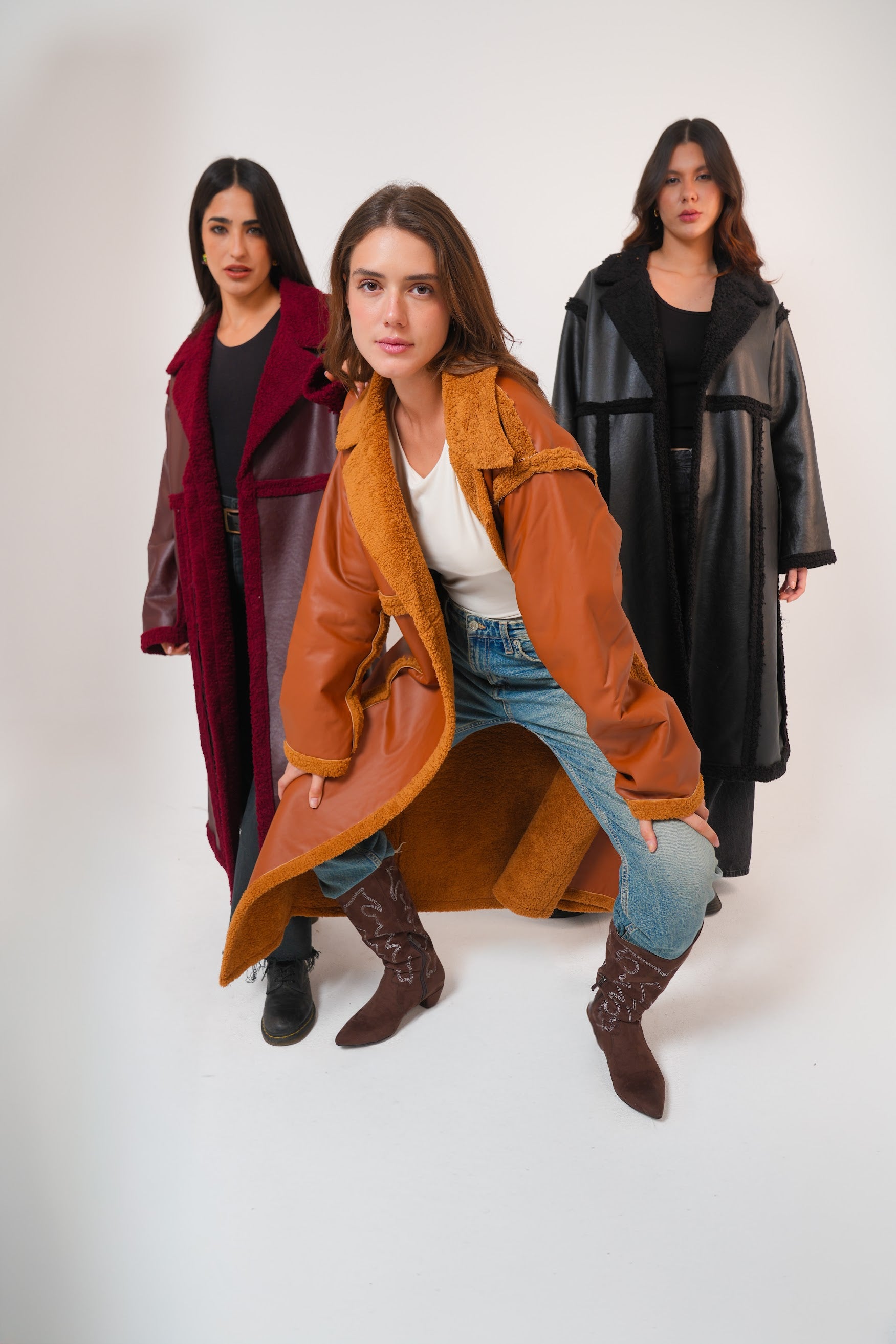 Premium Fur leather- long coat in Black