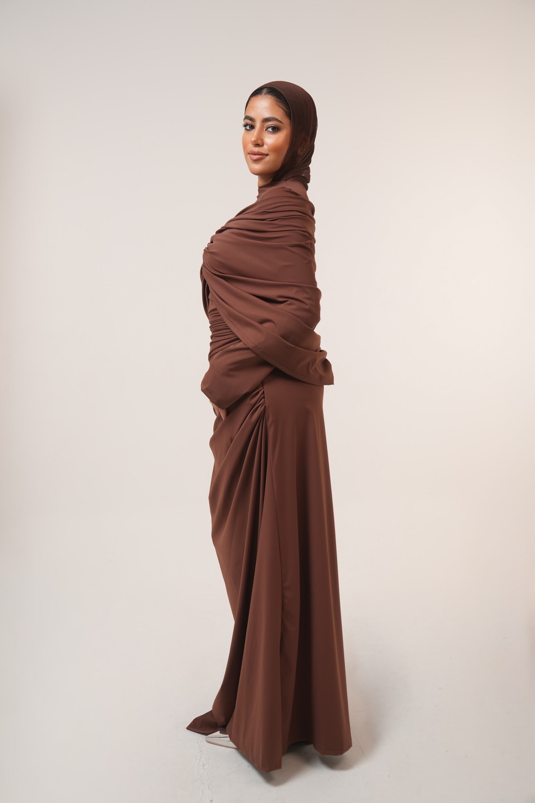 One-Side Draped Maxi Dress with Chest Cover in Brown