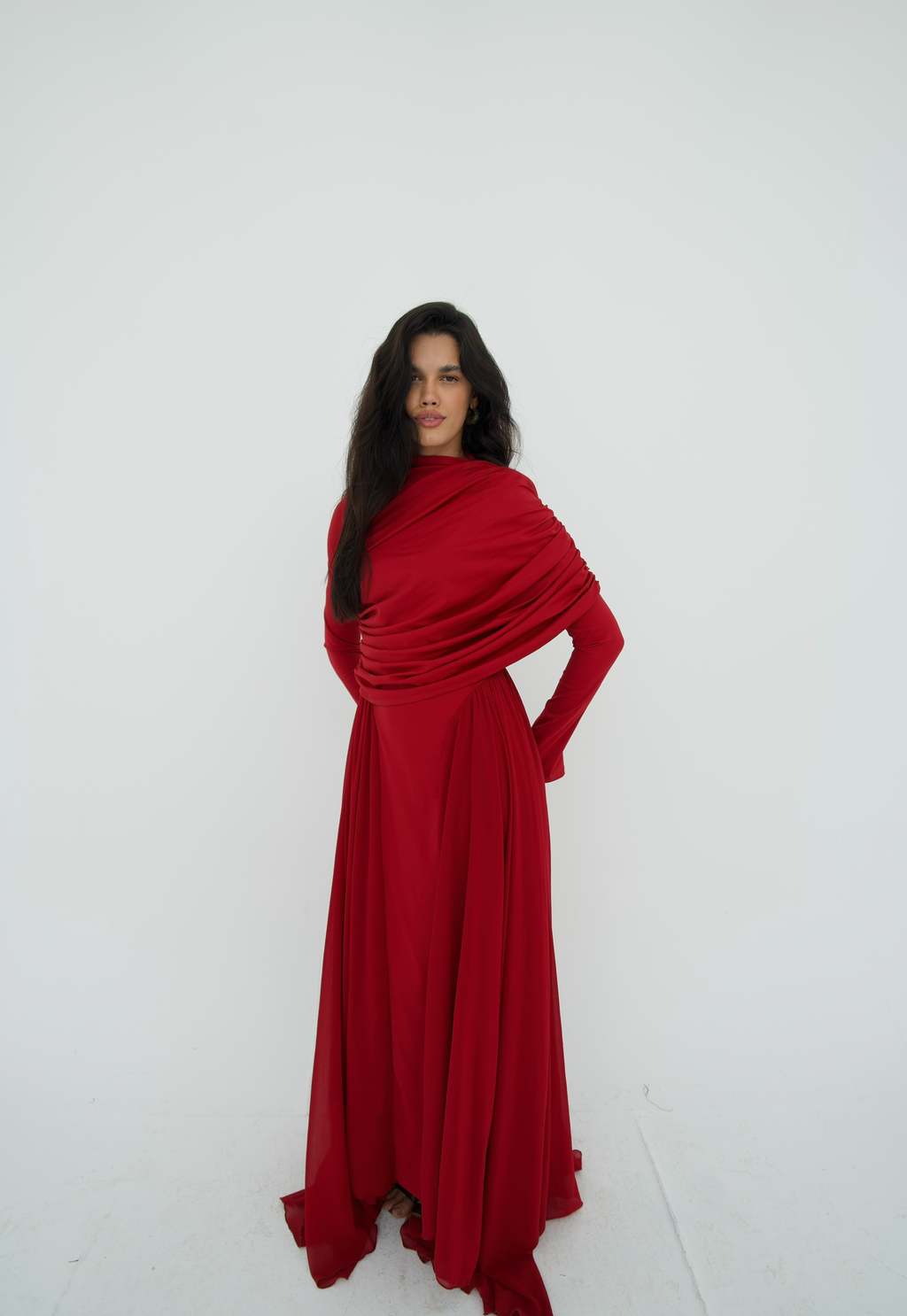 Amwaj gown with shoulder drappes in Dark red with chest cover