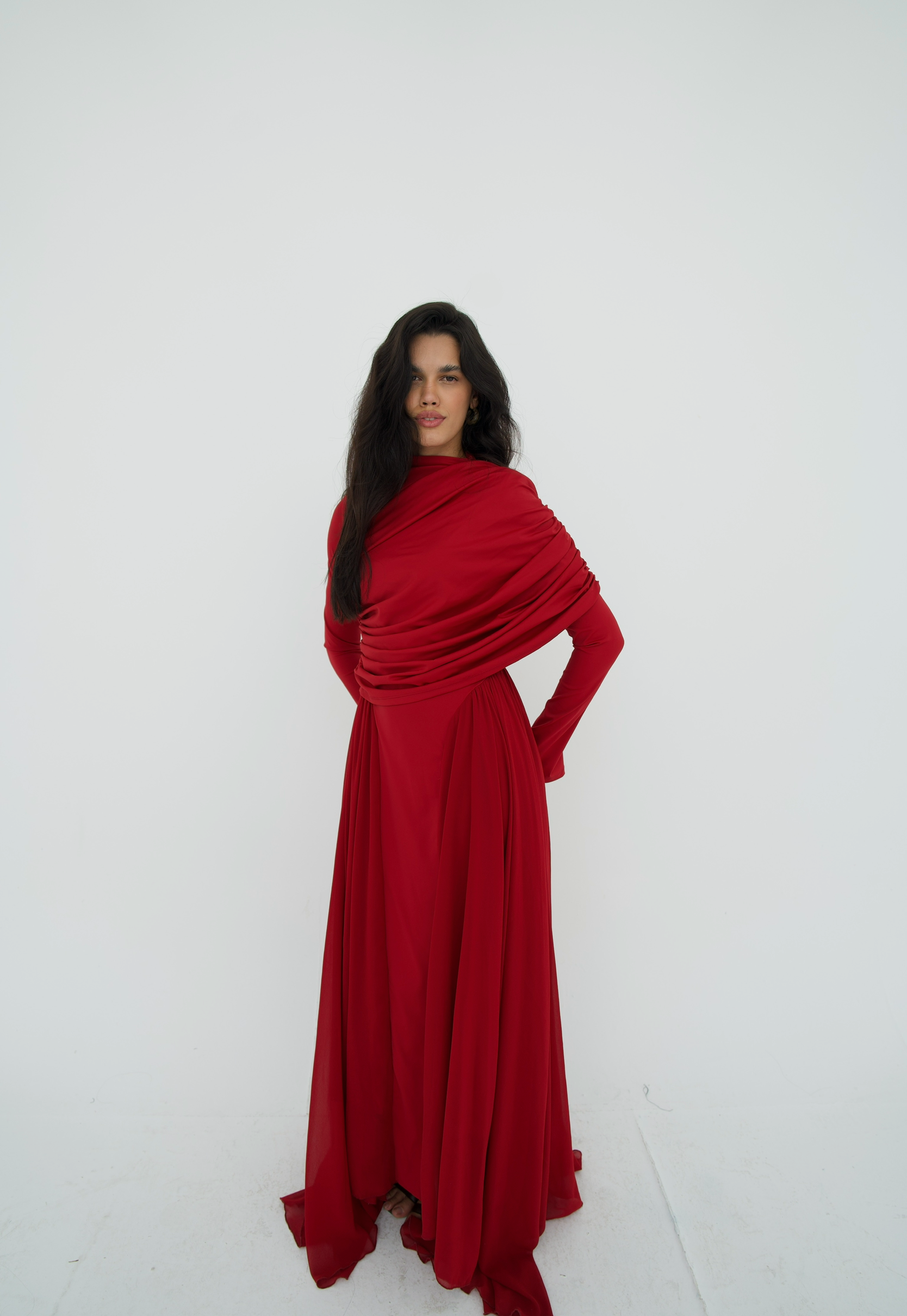 Amwaj gown with shoulder drappes in Dark red with chest cover