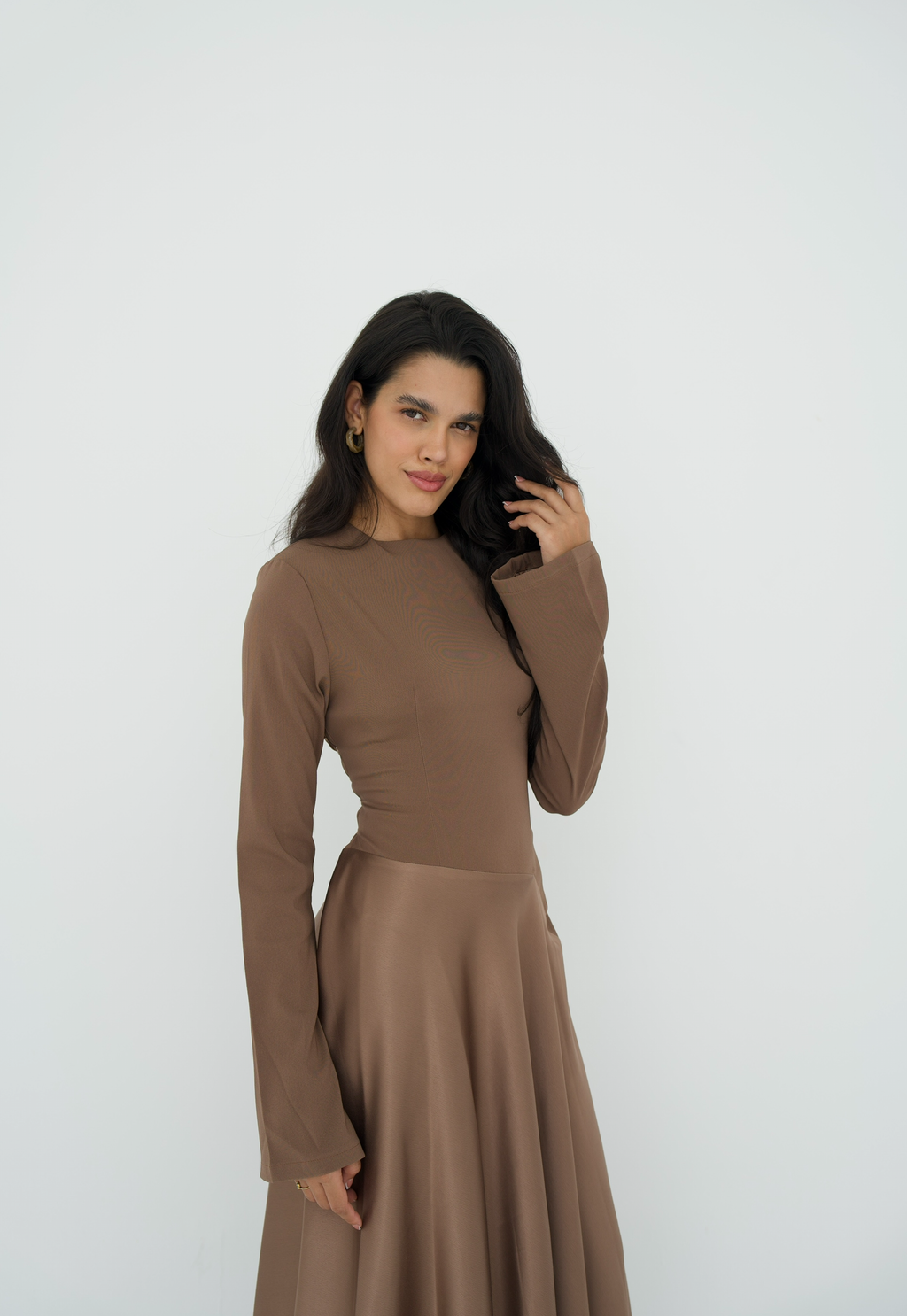 Satin half and half A-line dress in latte brown