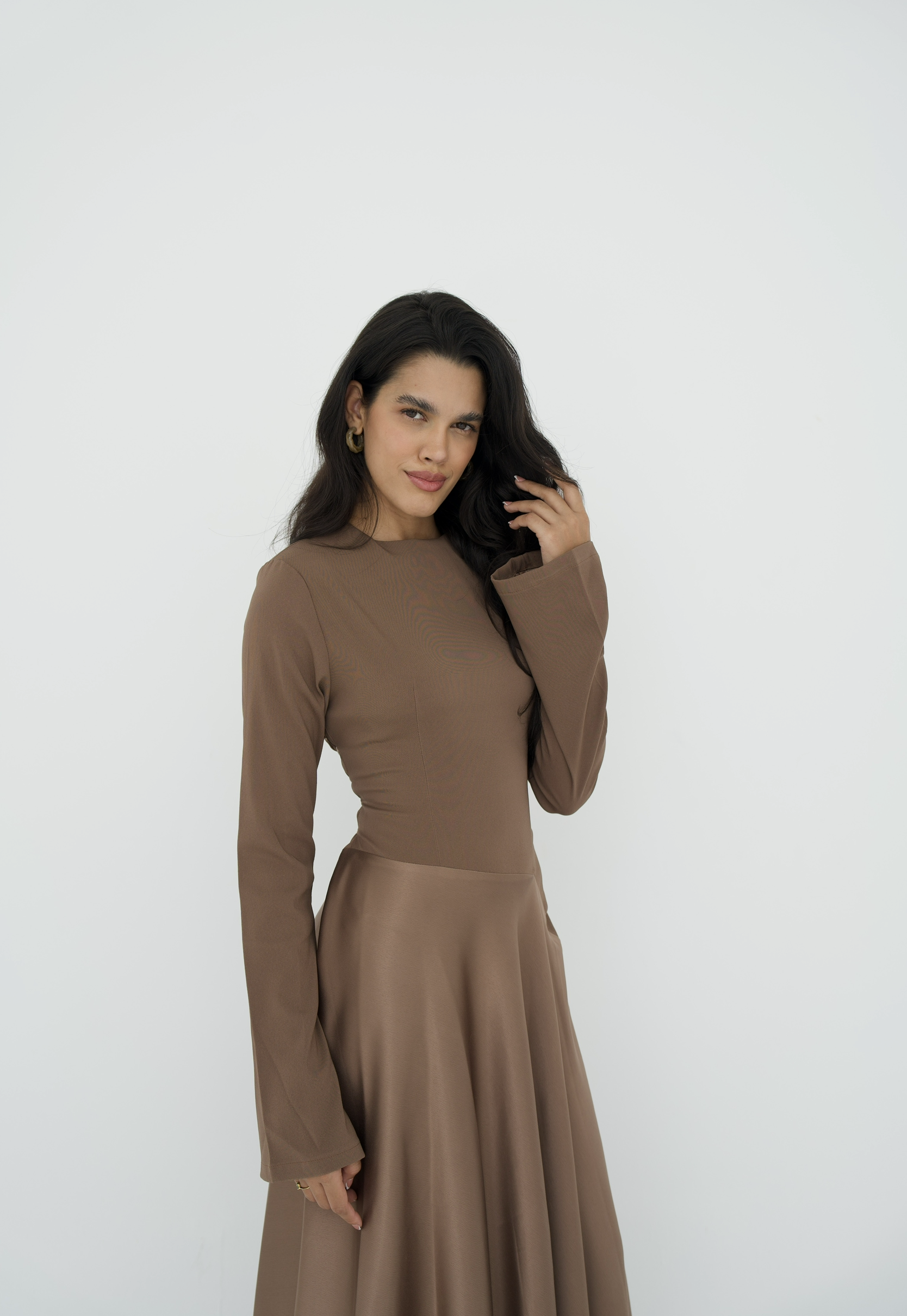 Satin half and half A-line dress in latte brown