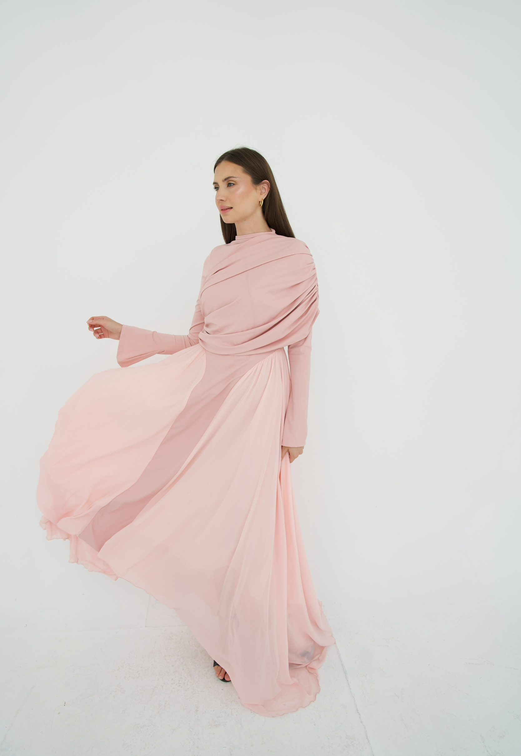Amwaj gown with shoulder drapes in Pink with chest cover