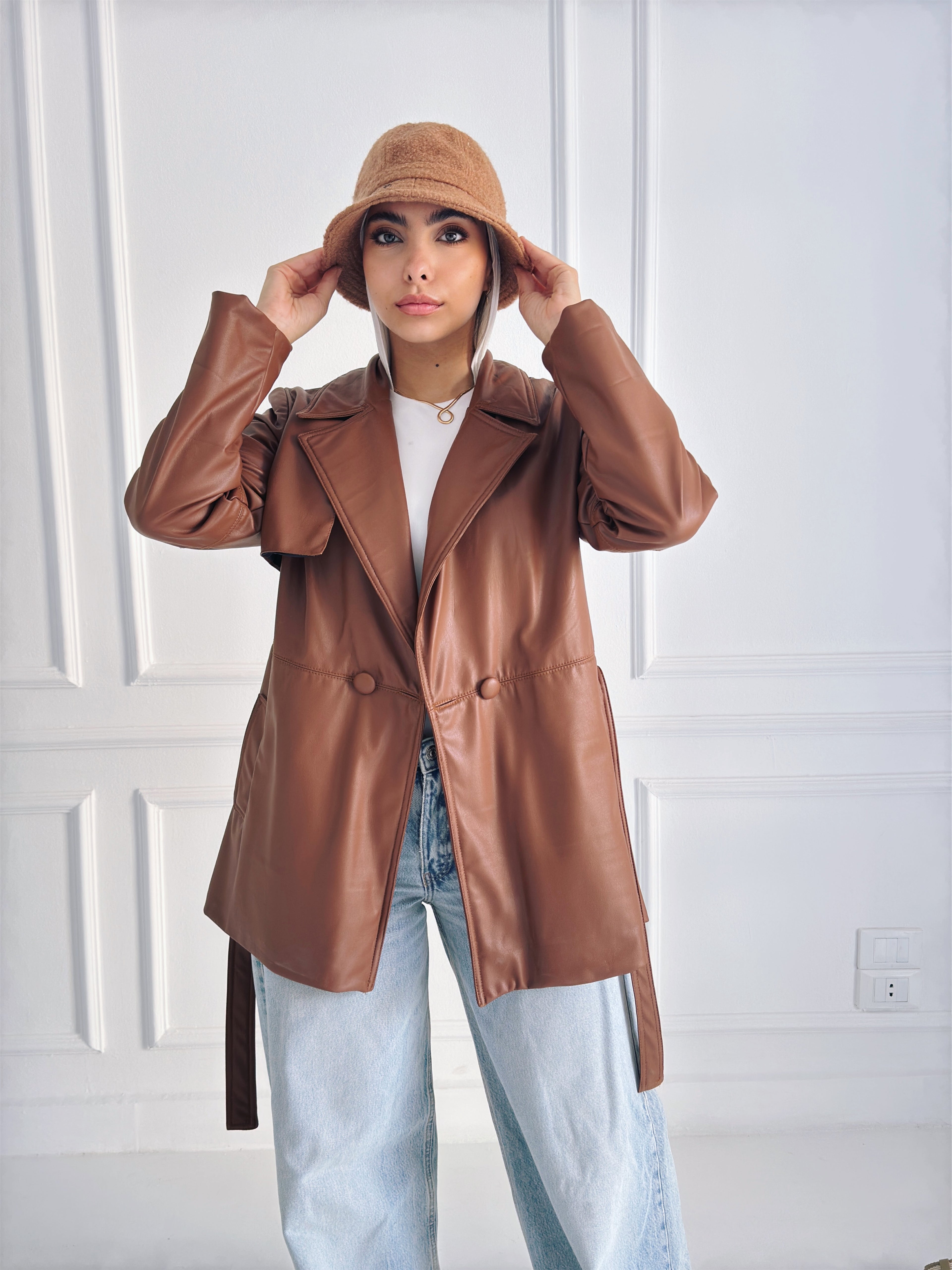 Faux Leather Coat in Camel