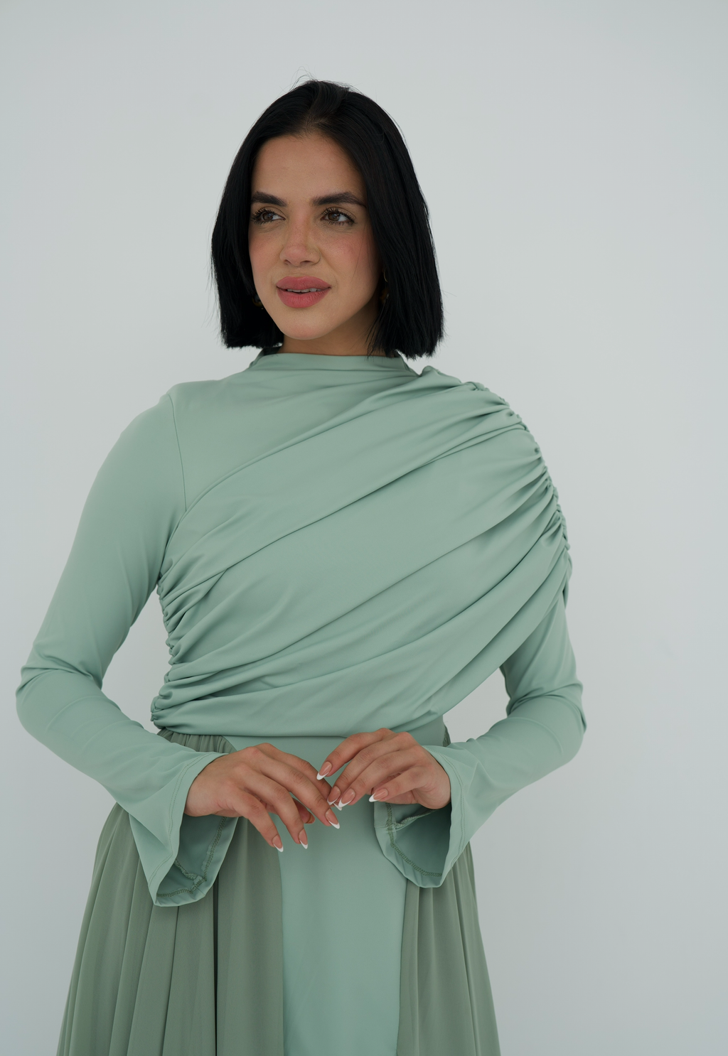 Amwaj gown with shoulder drappes in Mint with chest cover