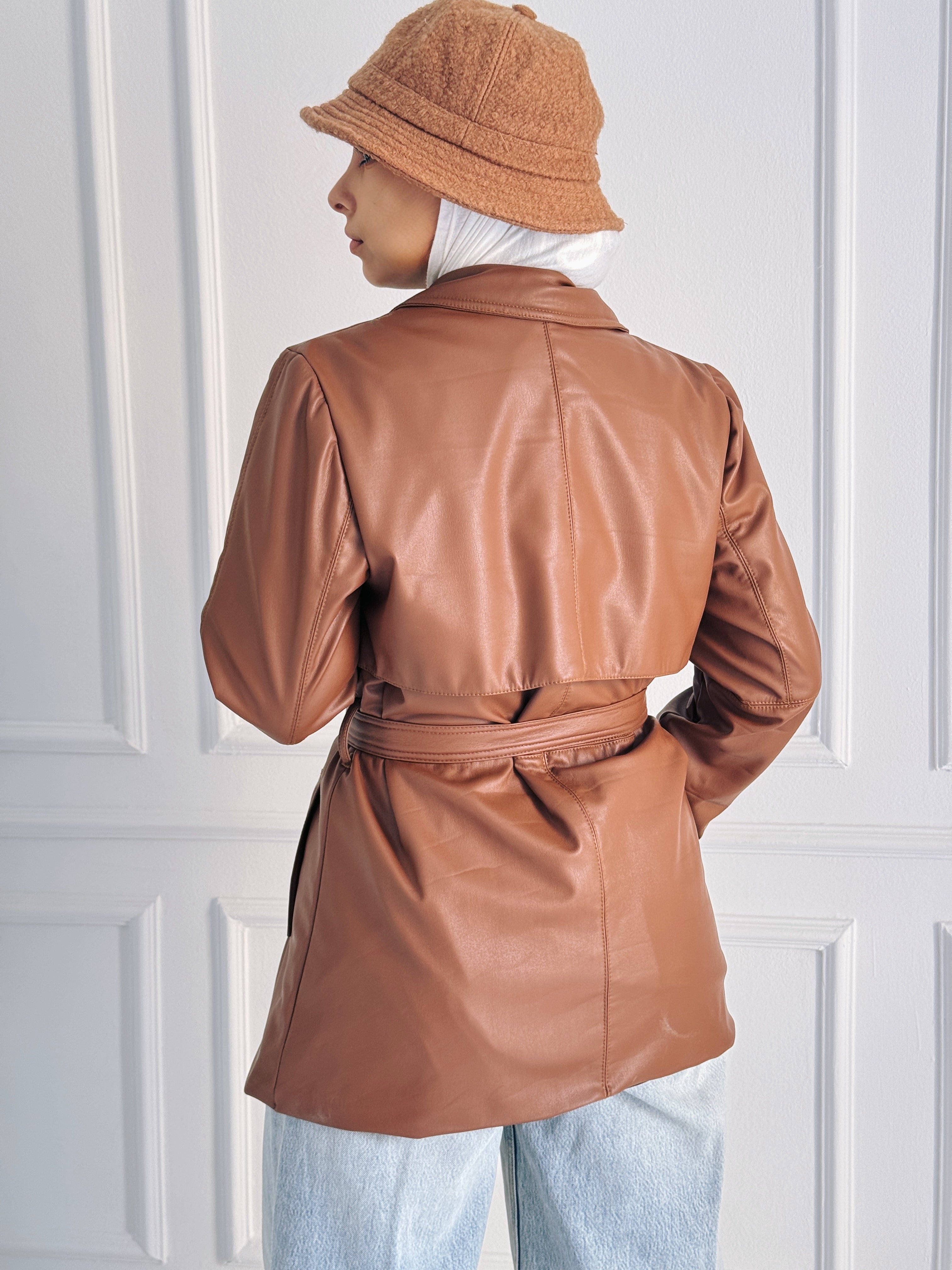 Faux Leather Coat in Camel