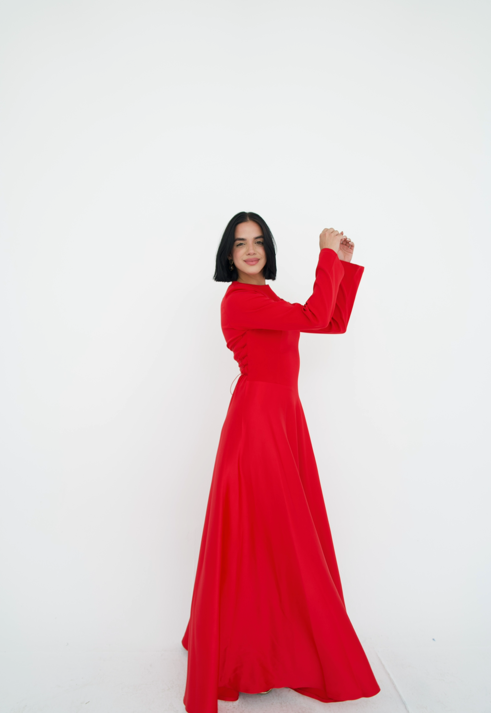 Satin half and half A-Line Dress in Red