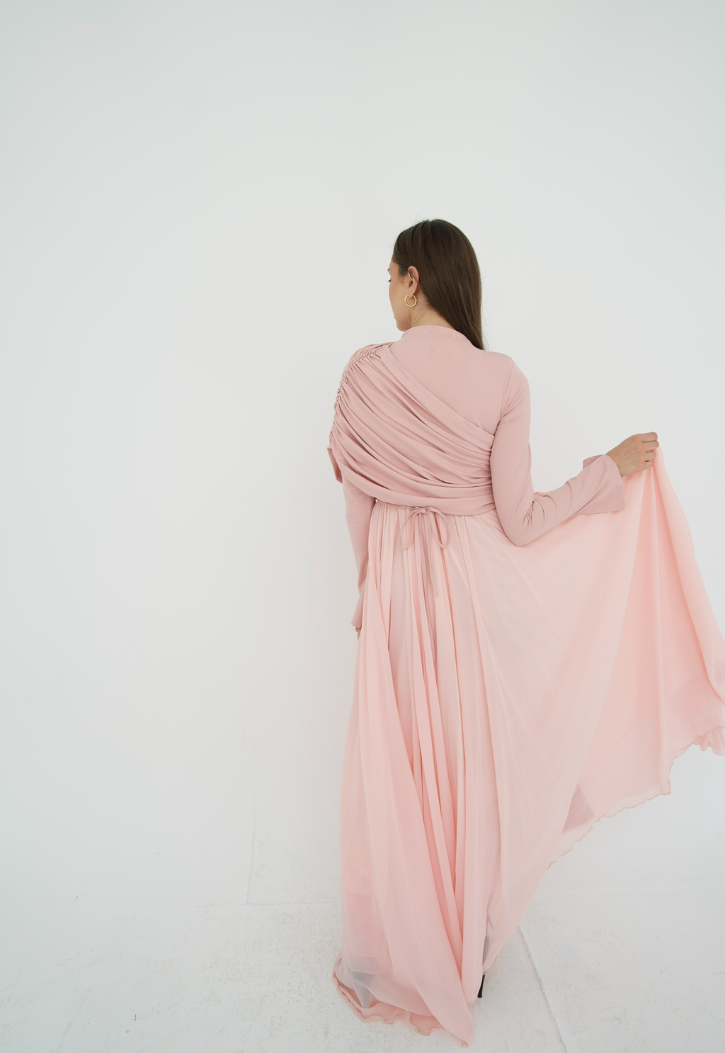 Amwaj gown with shoulder drapes in Pink with chest cover