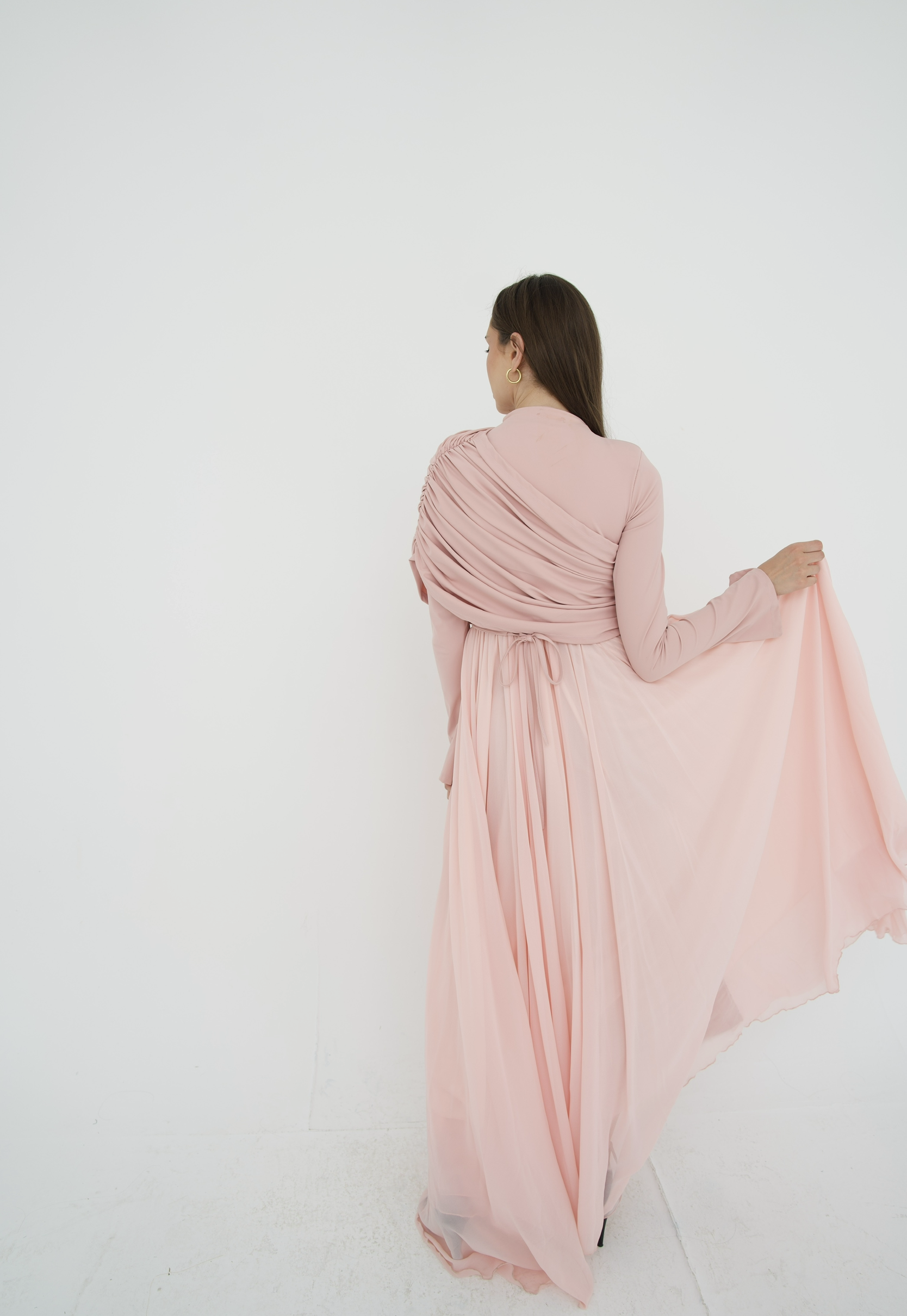 Amwaj gown with shoulder drapes in Pink with chest cover