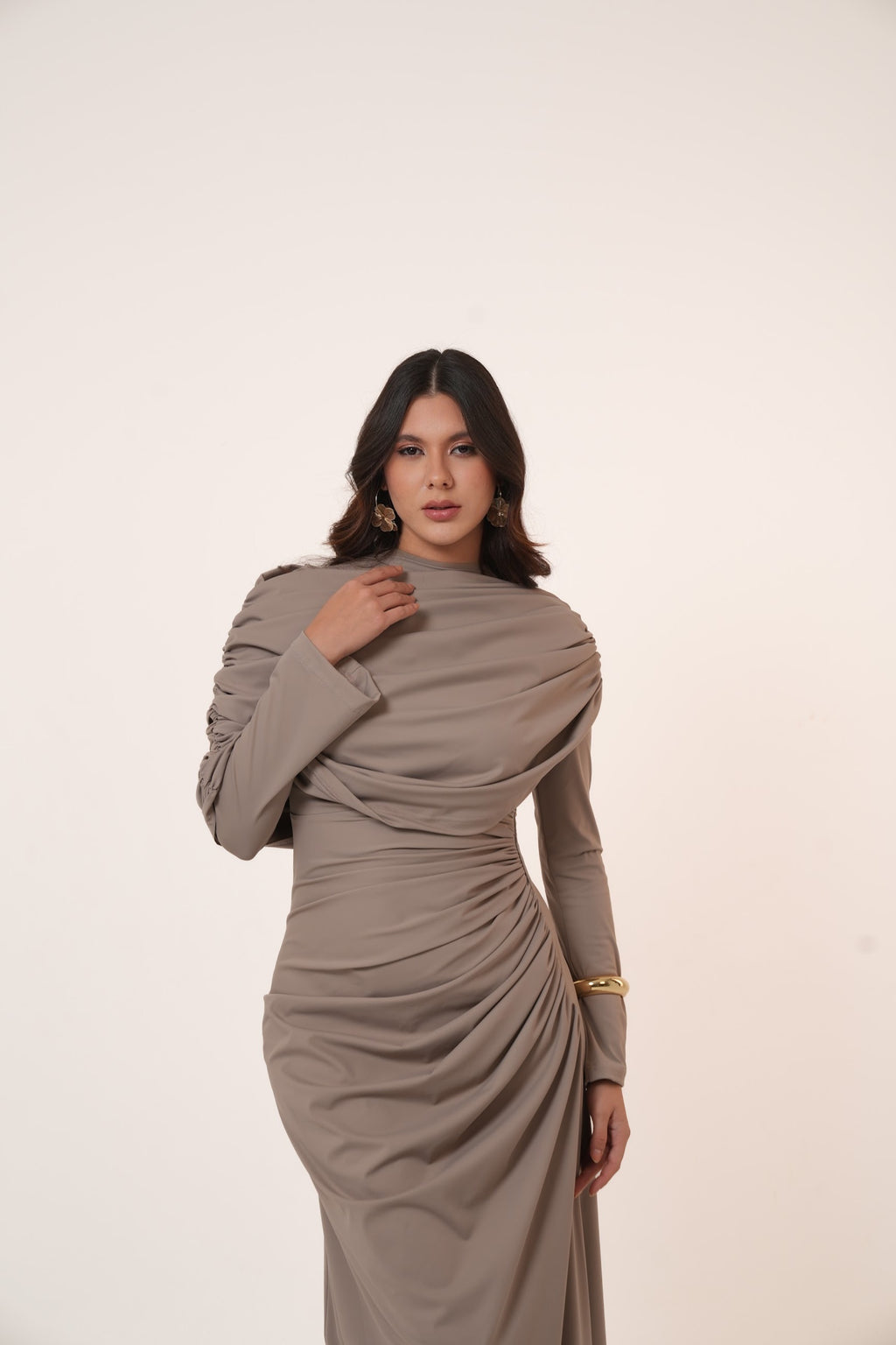 One-Side Draped Maxi Dress with Chest Cover in Griesh
