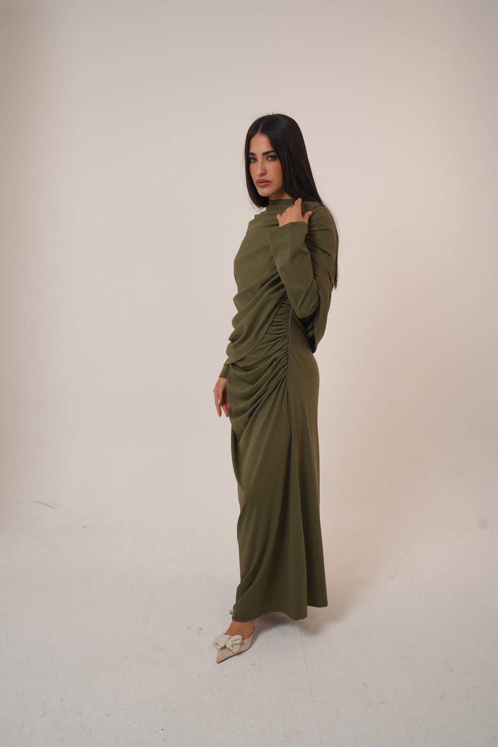 One-Side Draped Maxi Dress with Chest Cover in Olive