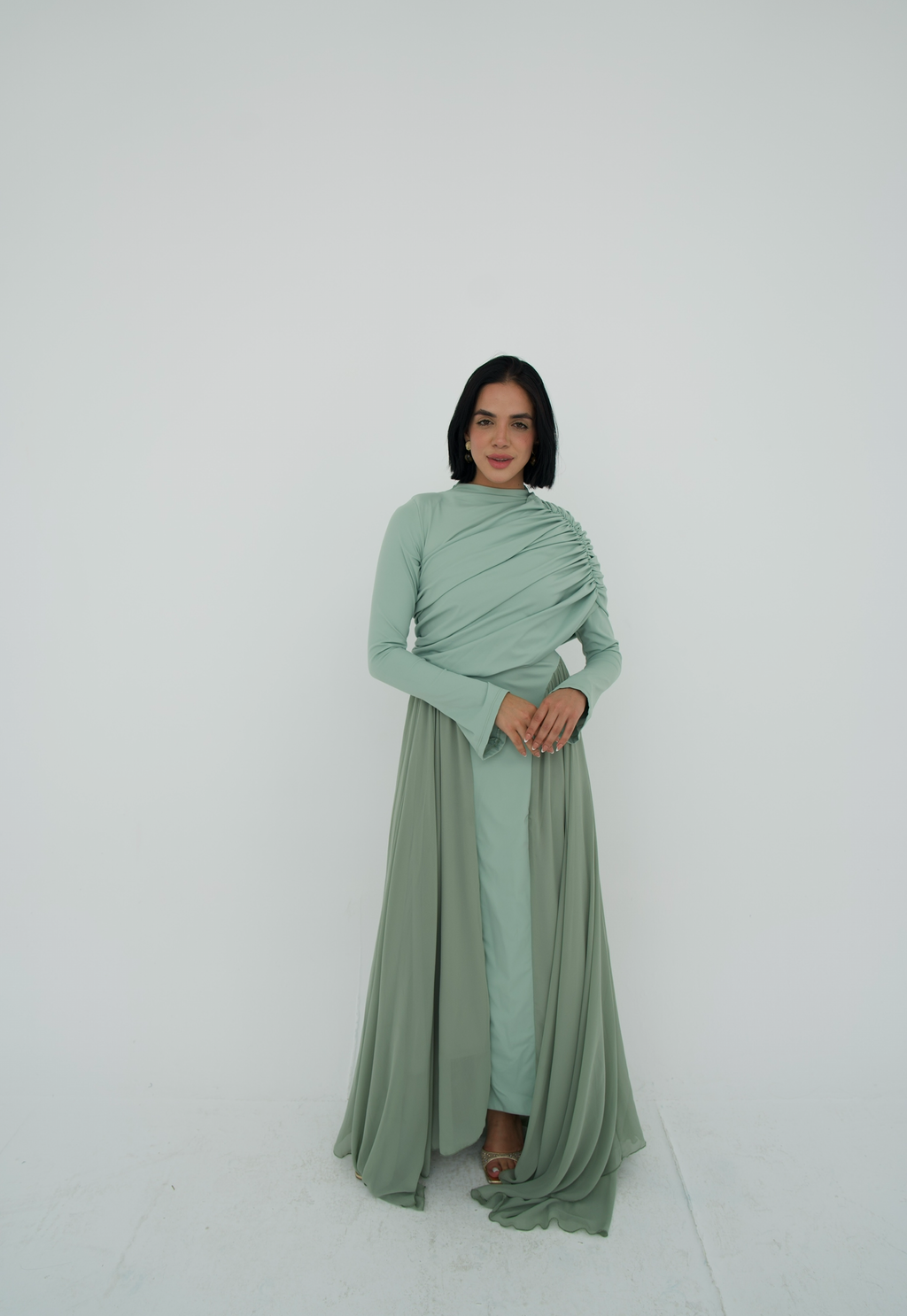 Amwaj gown with shoulder drappes in Mint with chest cover
