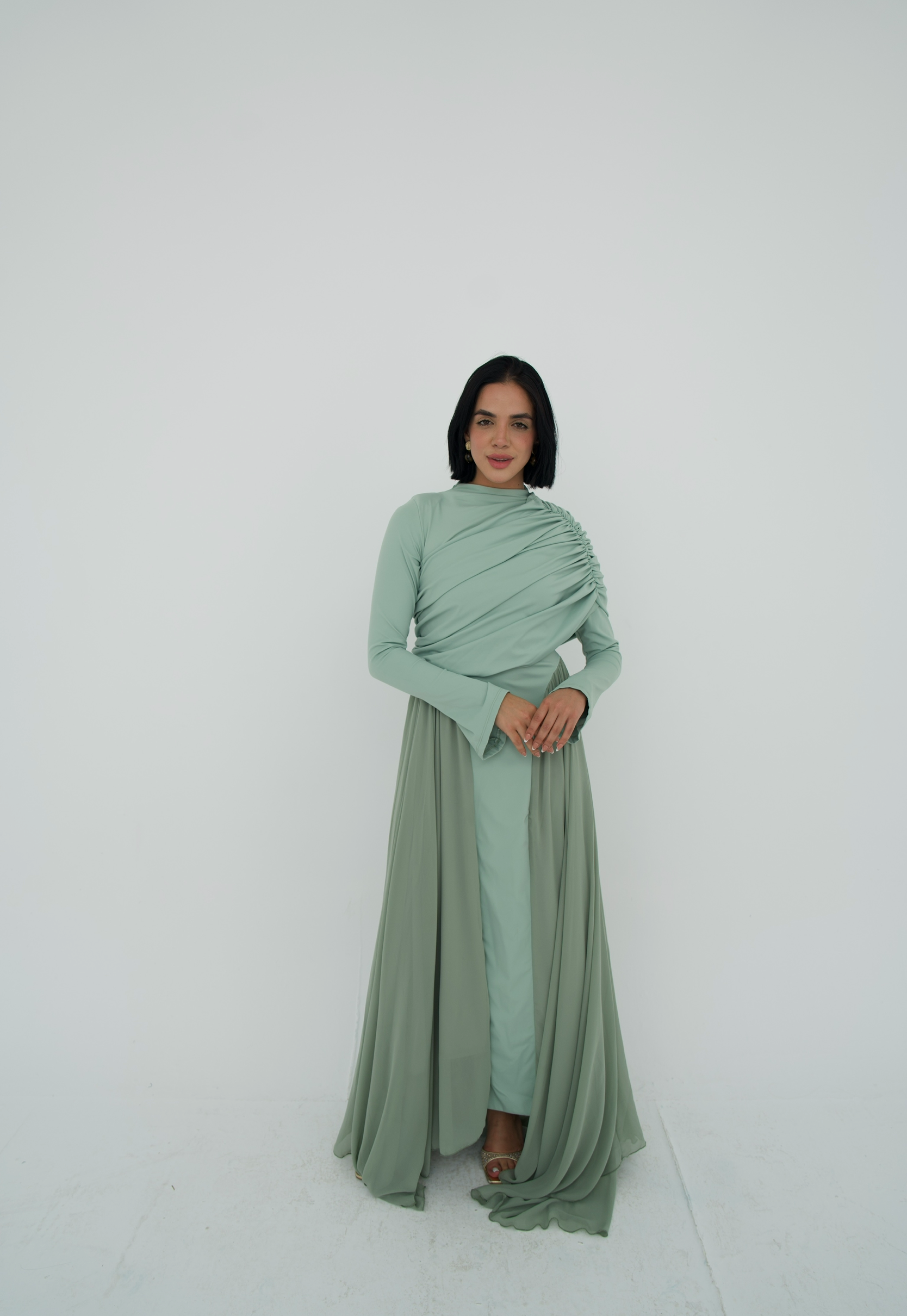 Amwaj gown with shoulder drappes in Mint with chest cover