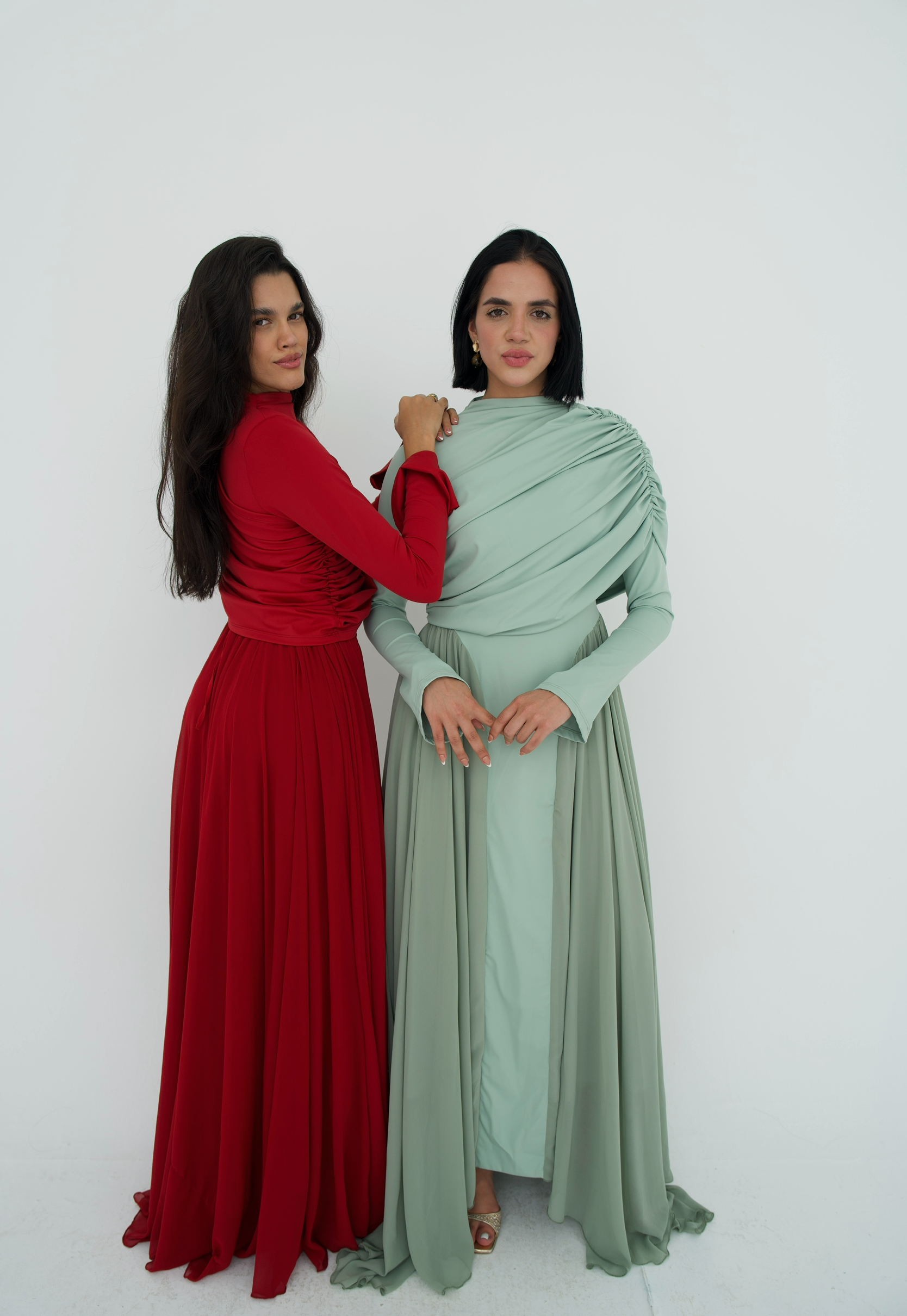 Amwaj gown with shoulder drappes in Dark red with chest cover