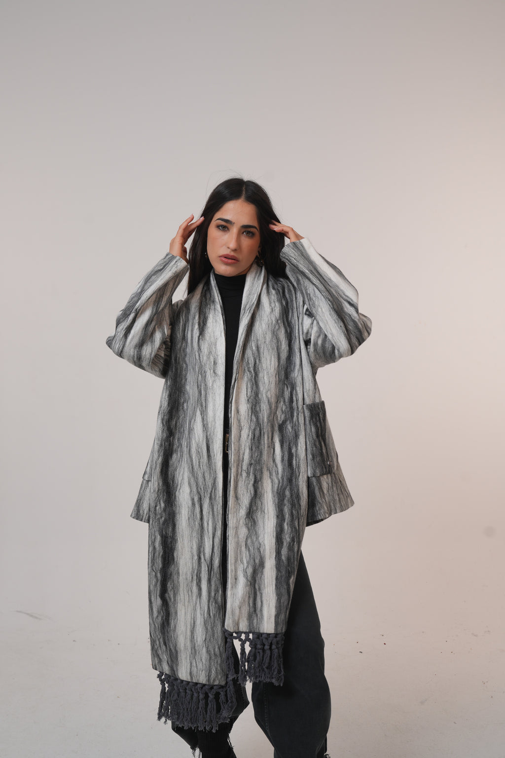 Pure wool jacket with Shawl Black and White
