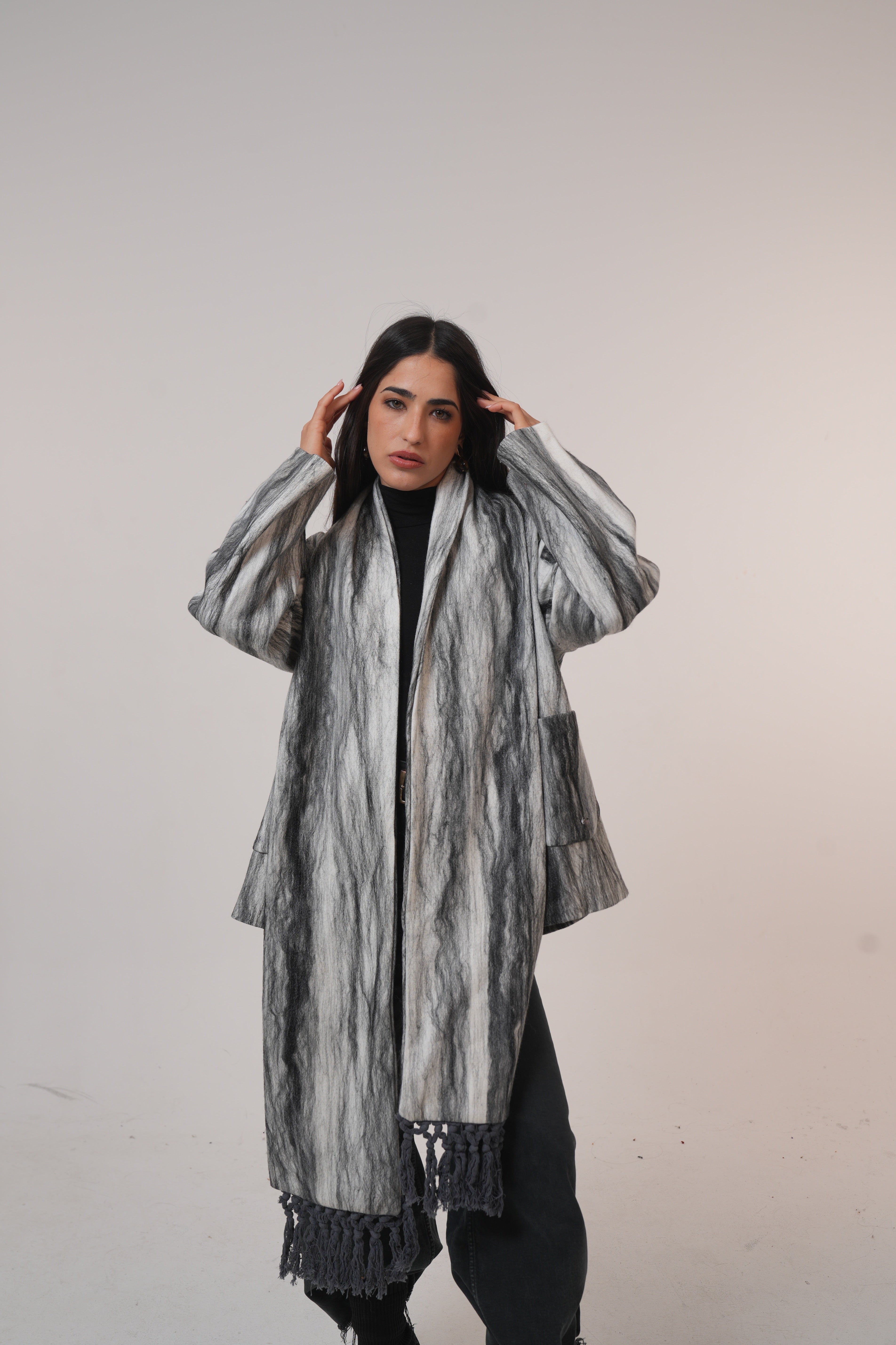 Pure wool jacket with Shawl Black and White