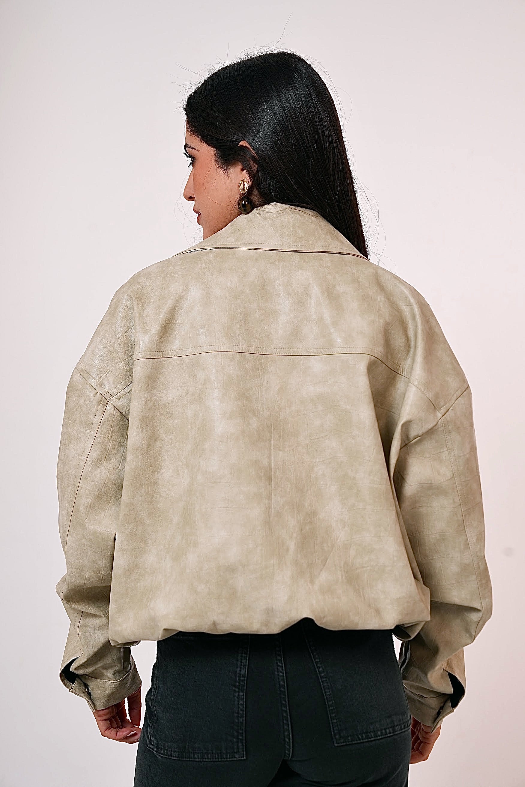 Vintage Croc-Texture Faux Leather Bomber Jacket in Beige