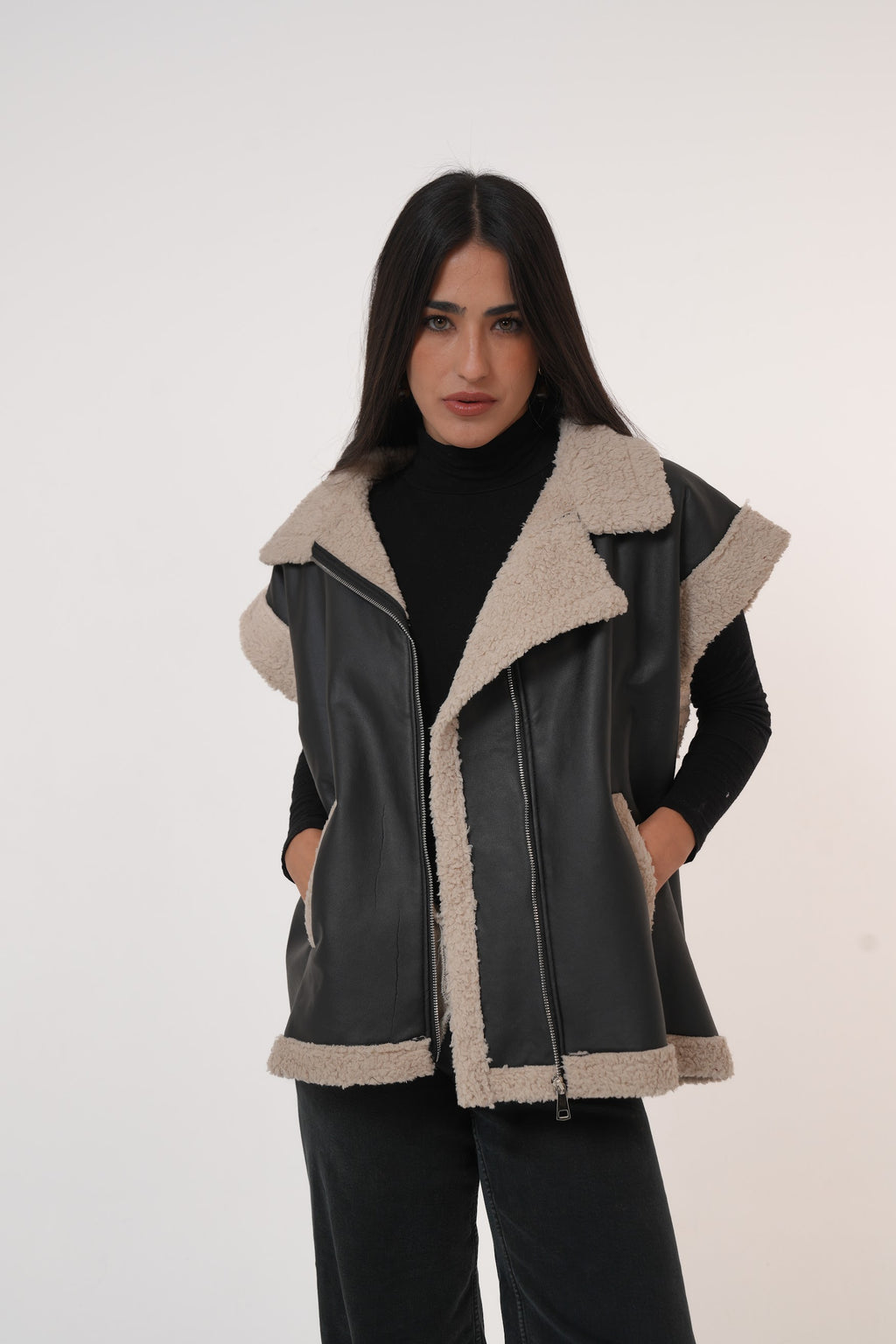Fur-Lined Leather Vest in Black