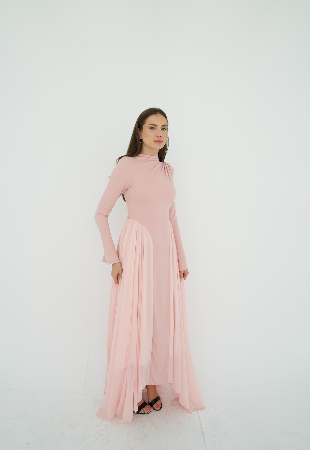 Amwaj gown with shoulder drapes in Pink with chest cover
