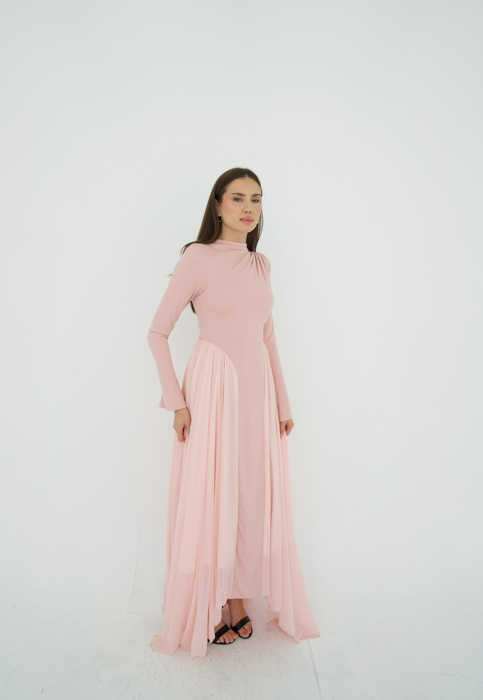 Amwaj gown with shoulder drapes in Pink with chest cover