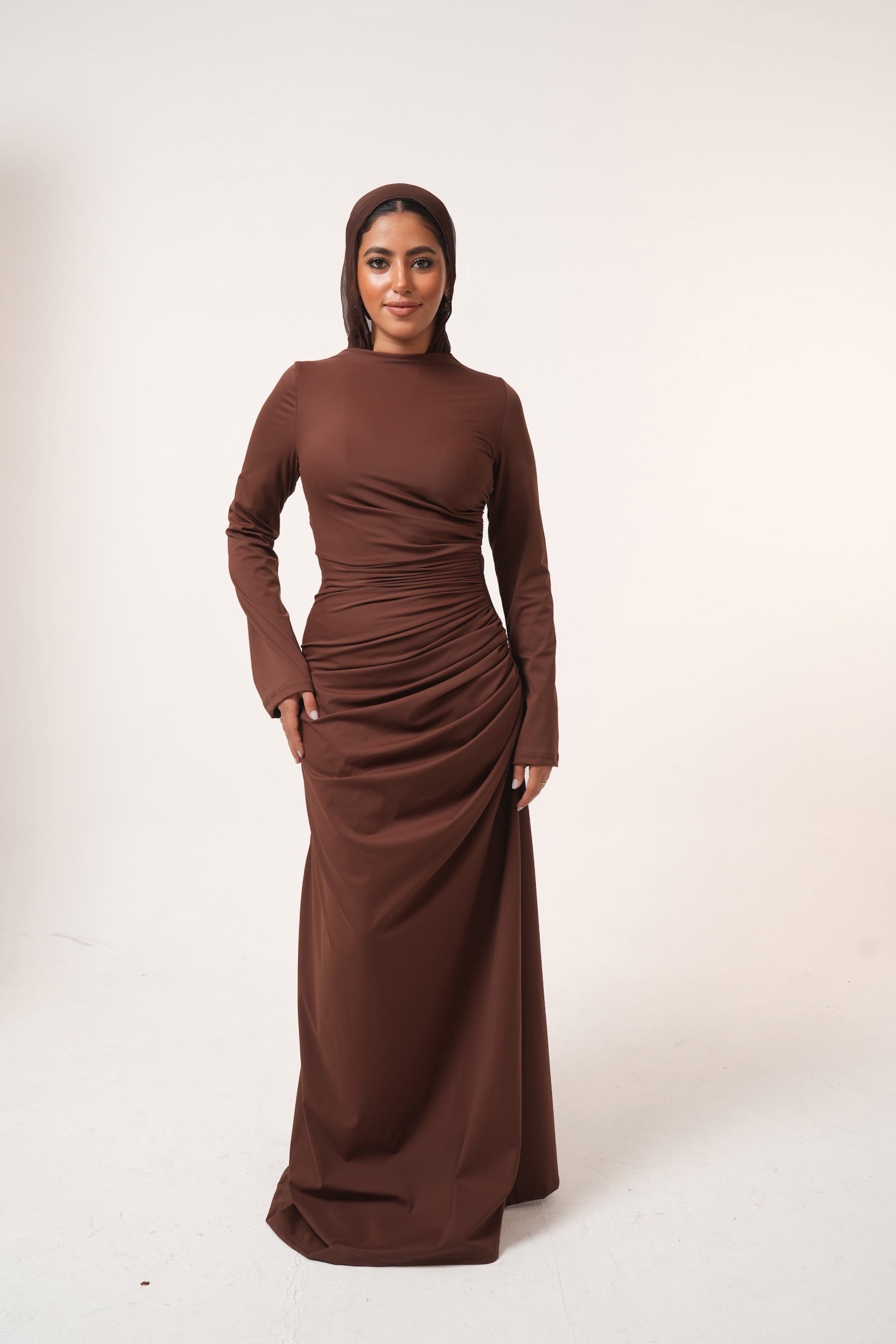 One-Side Draped Maxi Dress with Chest Cover in Brown