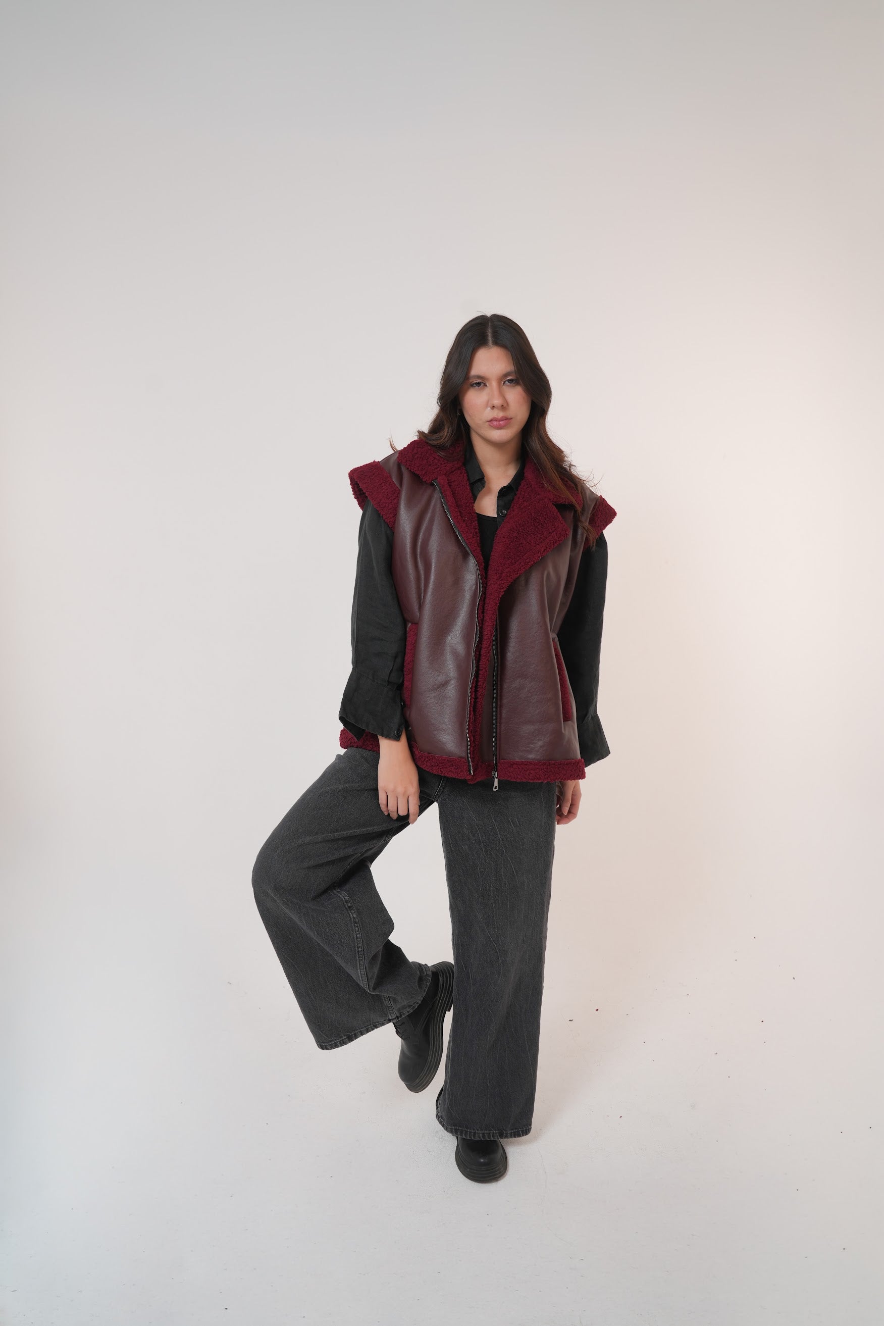 Fur-Lined Leather Vest in burgundy