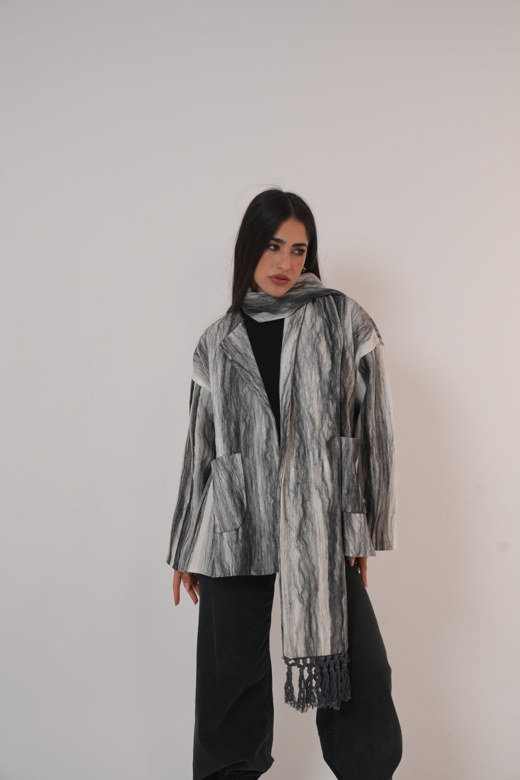 Pure wool jacket with Shawl Black and White