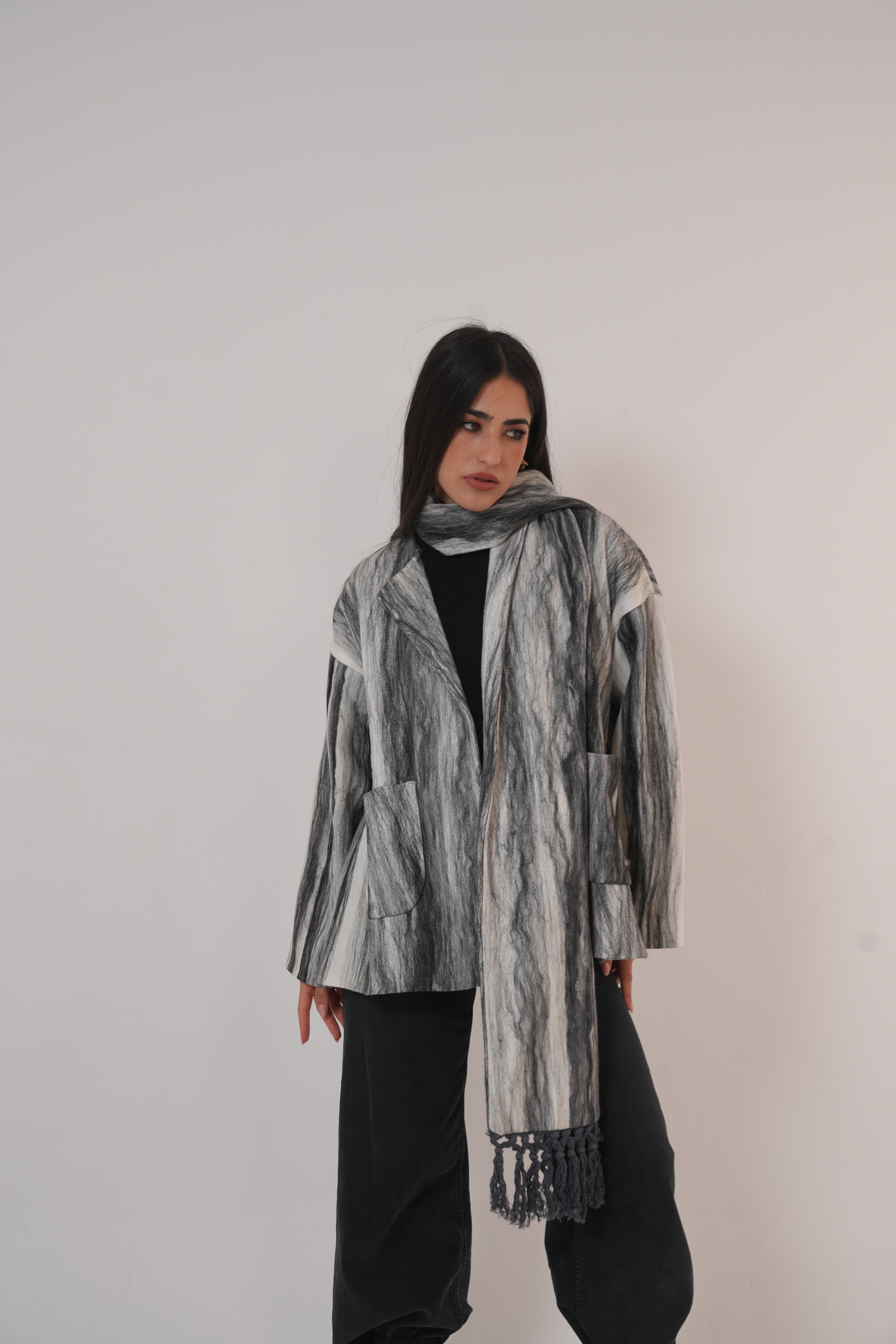 Pure wool jacket with Shawl Black and White
