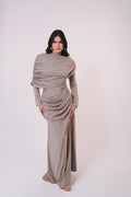 One-Side Draped Maxi Dress with Chest Cover in Griesh