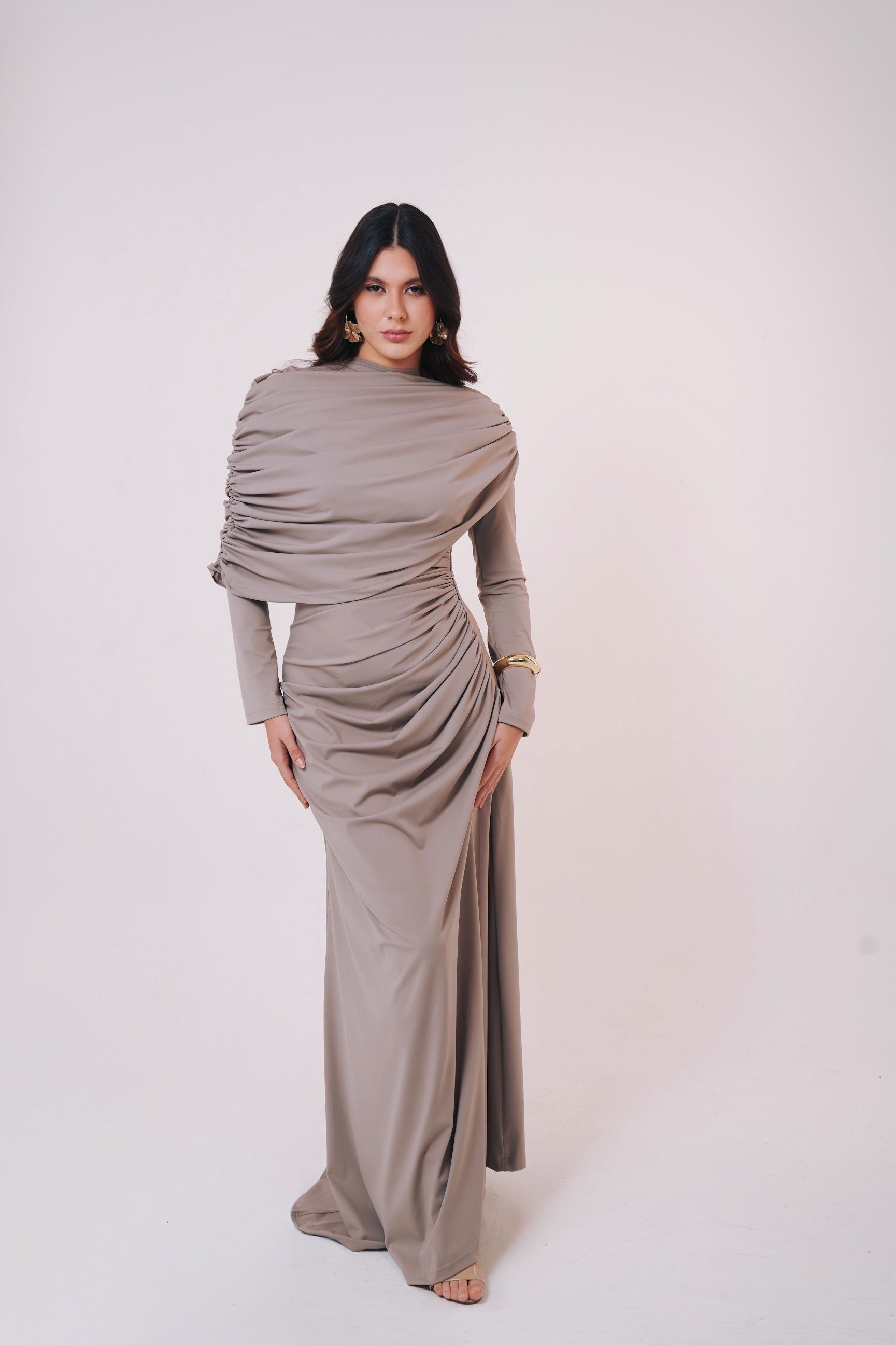 One-Side Draped Maxi Dress with Chest Cover in Griesh