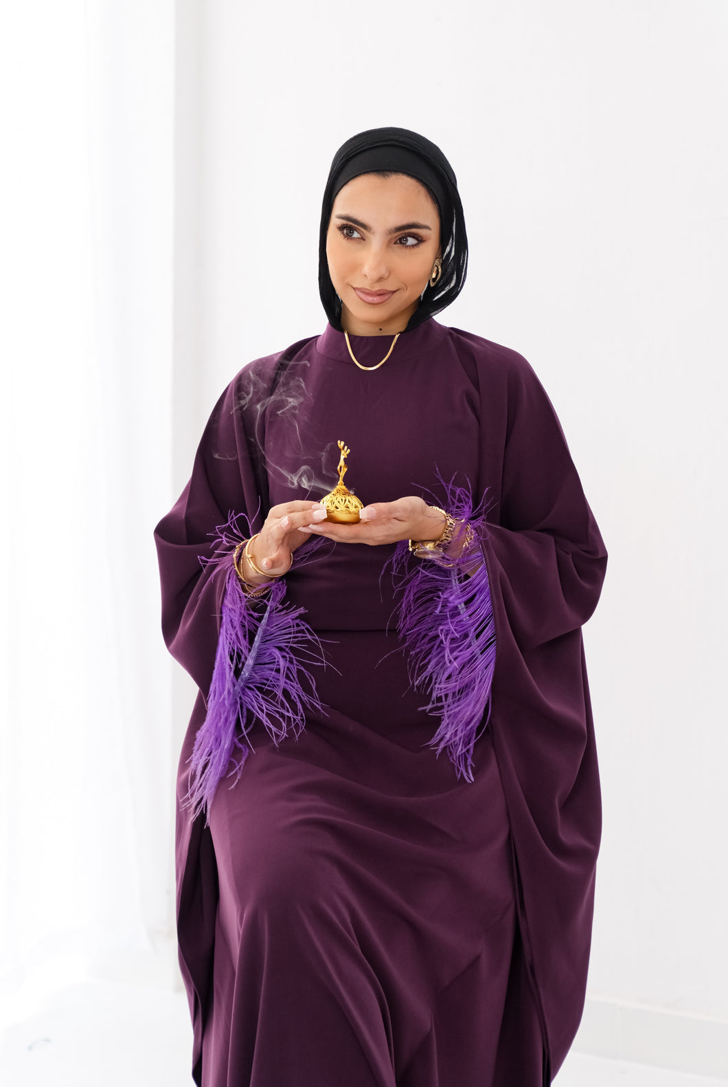 Butterfly feathers sleeves Abaya-Dress in Purple