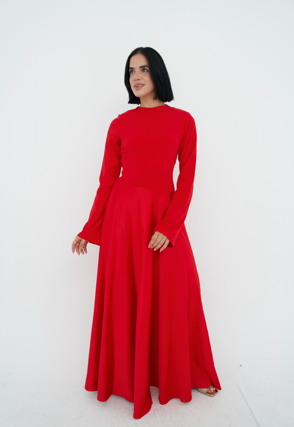 Satin half and half A-Line Dress in Red
